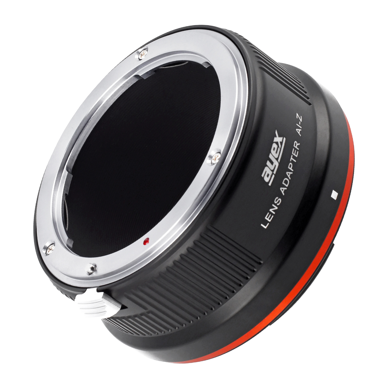 Ein schwarzer und silberner Objektivadapter. Er hat rote und weiße Markierungen und den Text 'ayex LENS ADAPTER AI-Z'.