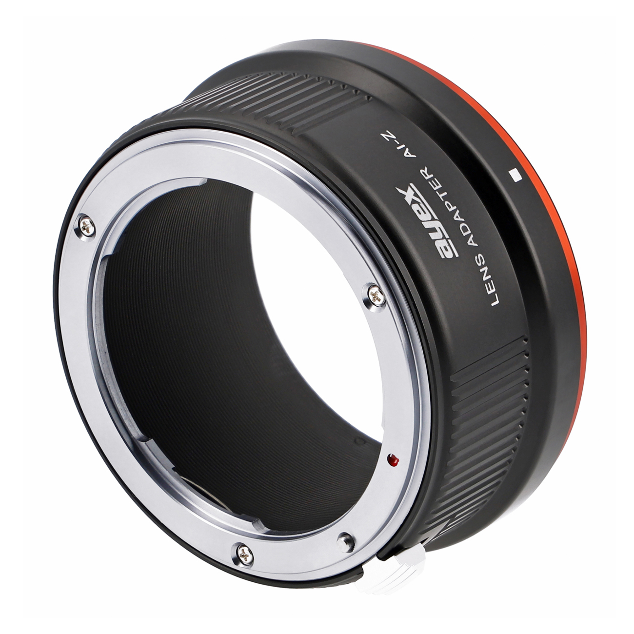 Ein schwarzer und silberner Objektivadapter. Er hat rote Akzente und Text, der 'Lens Adapter AI-Z' lautet. Der Hintergrund ist weiß.