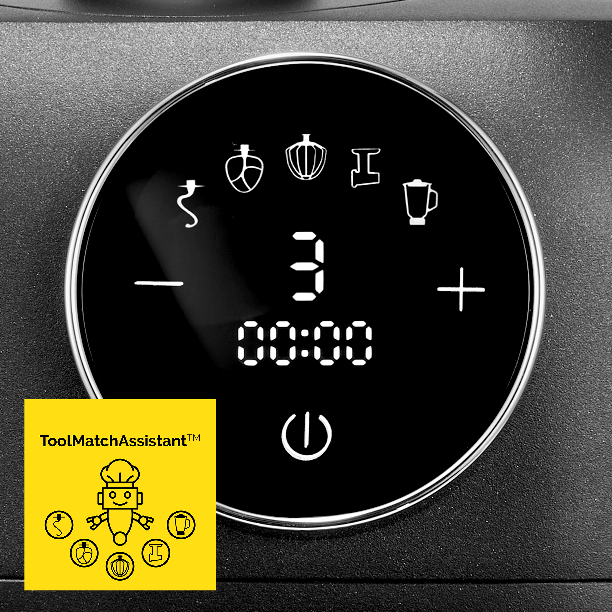 Zbliżenie panelu sterowania blendera. Zawiera cyfrowy wyświetlacz z timerem i ikonami funkcji oraz przycisk zasilania.