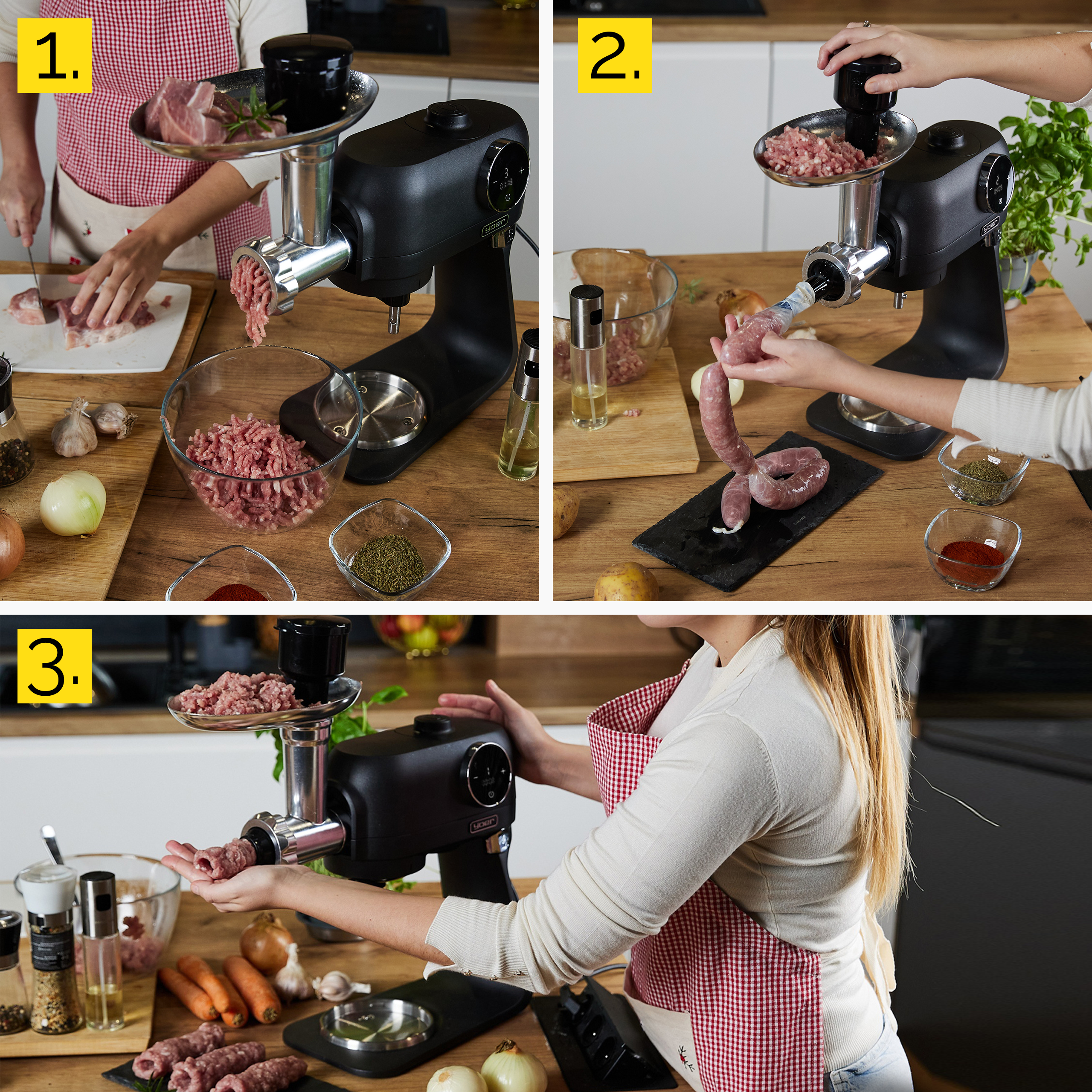 Osoba używa maszynki do mięsa. Obraz przedstawia mięso, kiełbasę i składniki. Widoczny jest czerwono-kratkowany fartuch.