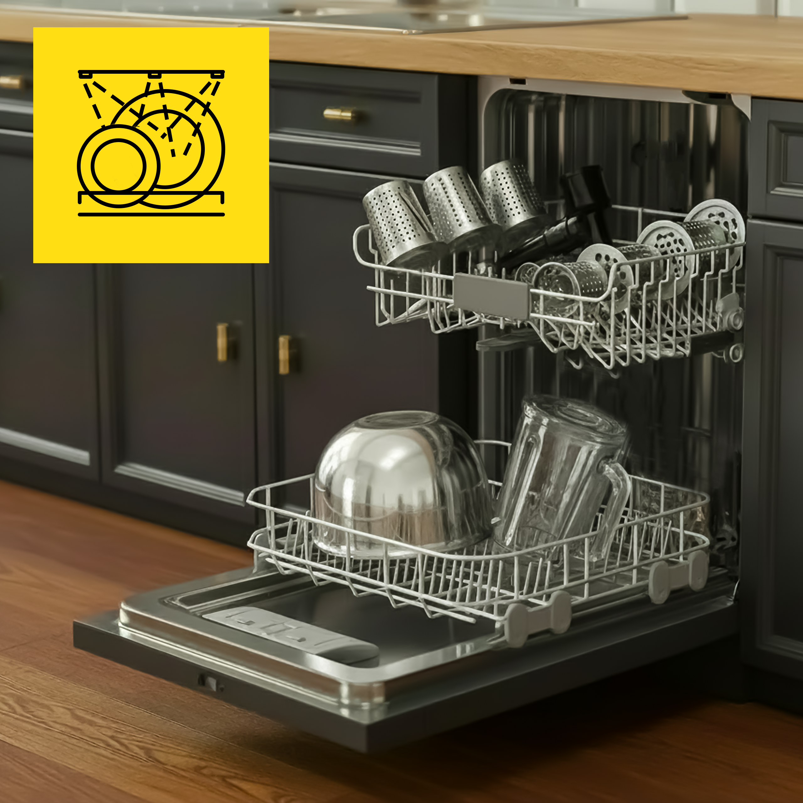 Zmywarka jest otwarta, załadowana naczyniami i sztućcami. Kuchnia ma ciemne szafki i drewniane podłogi.