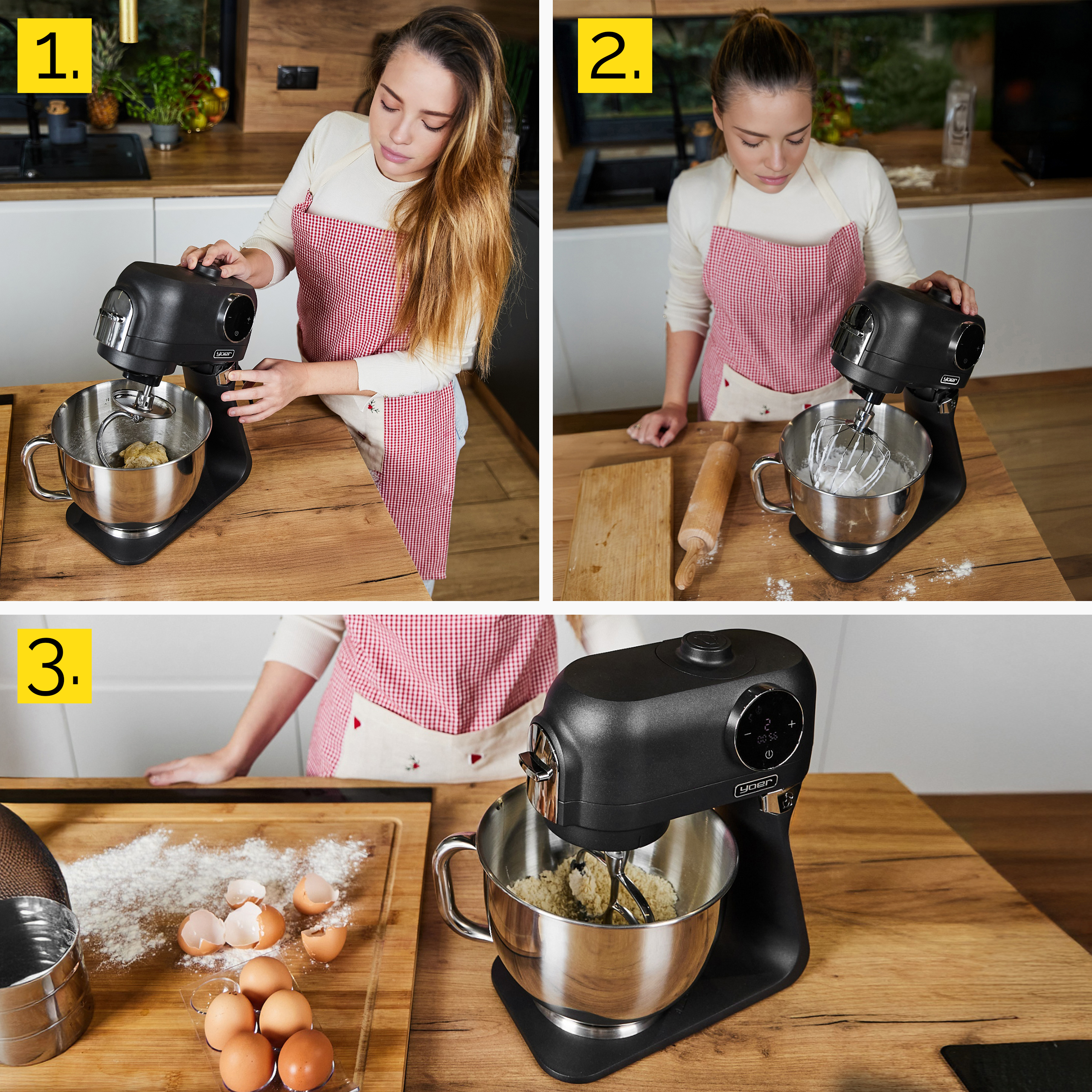 Kobieta w kuchni używa miksera. Składniki na drewnianym blacie. Ma na sobie czerwoną kratkowaną zapaskę.