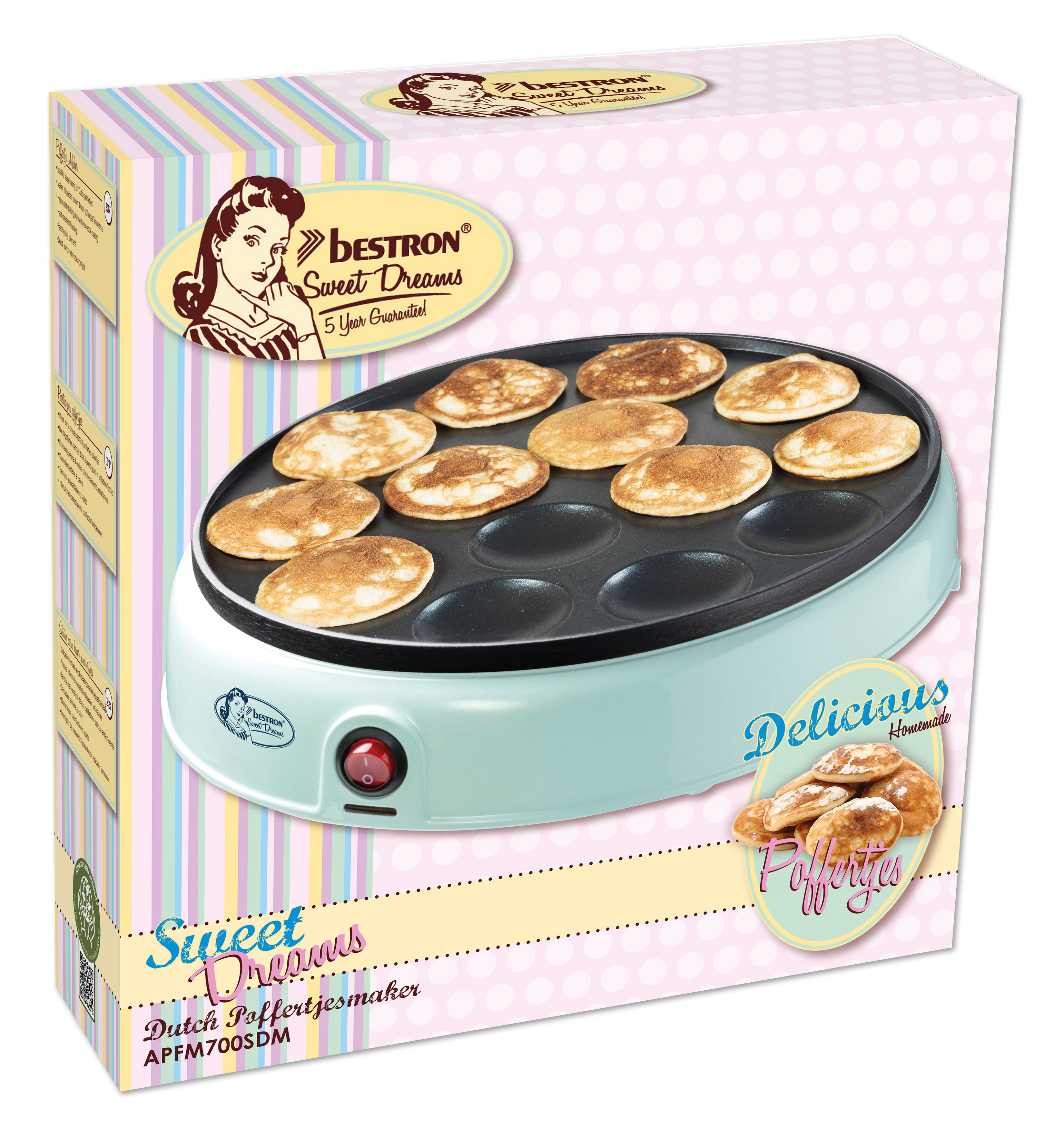 Maszyna do Poffertjes Bestron Sweet Dreams znajduje się na różowym pudełku w kropki. Widoczne są upieczone mini naleśniki.