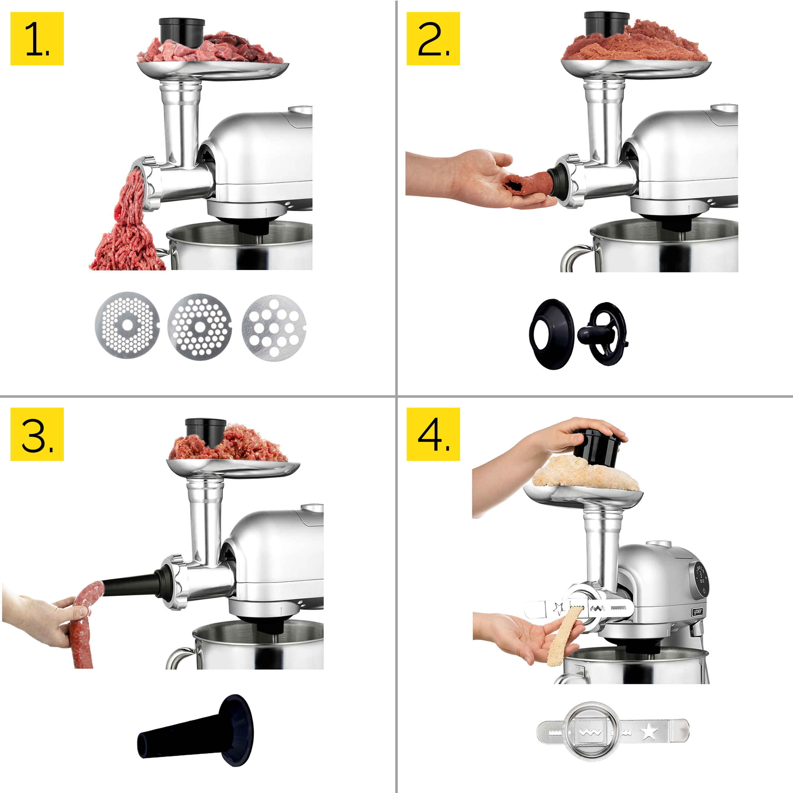 Robot kuchenny z elementami do mięsa, kiełbasy i ciasta. Maszyna jest srebrna z czarnymi częściami. Różne etapy użytkowania.