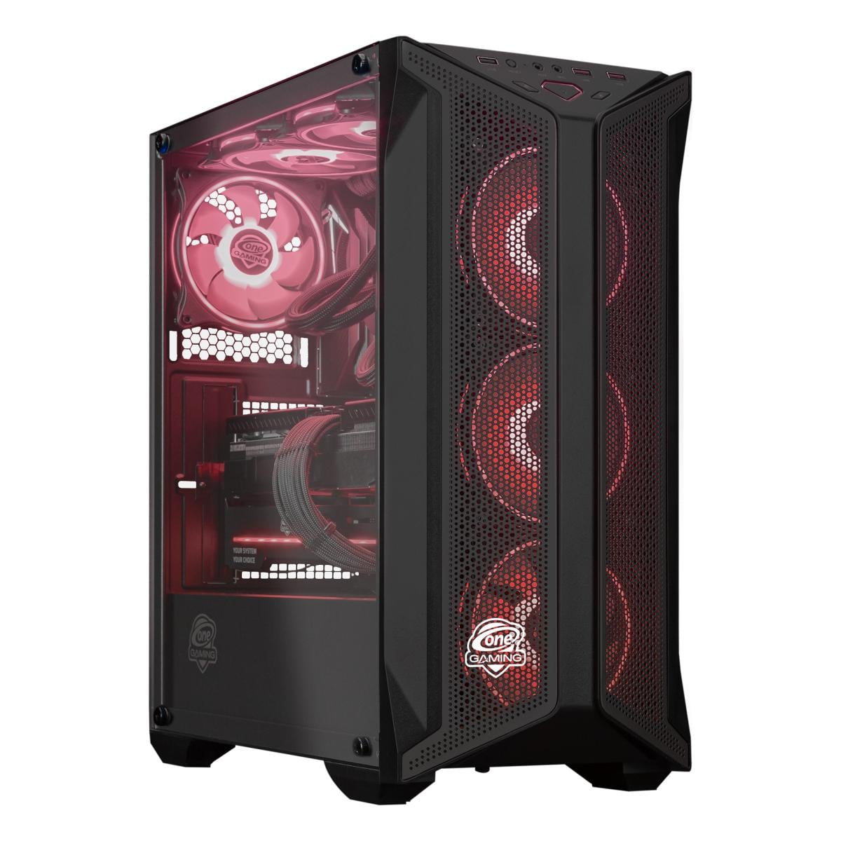 Schwarzes Gaming-PC-Gehäuse mit roter Innenbeleuchtung und Lüftern. 'One Gaming'-Logo sichtbar. Perforierte Frontplatte.