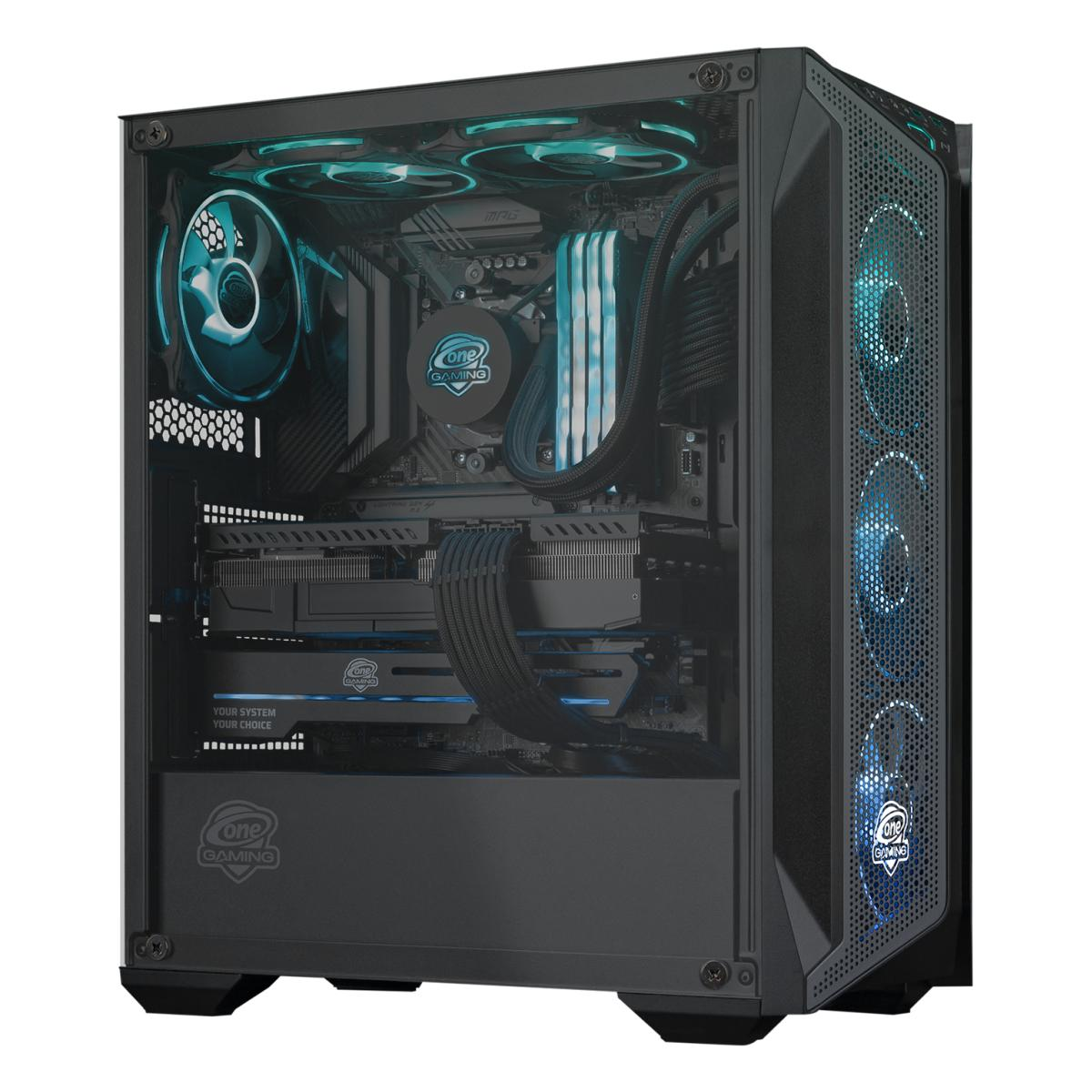 Ein Gaming-PC mit sichtbaren Innenkomponenten durch eine Glasscheibe. Blaue LEDs beleuchten Lüfter und Komponenten. Das Gehäuse ist schwarz.