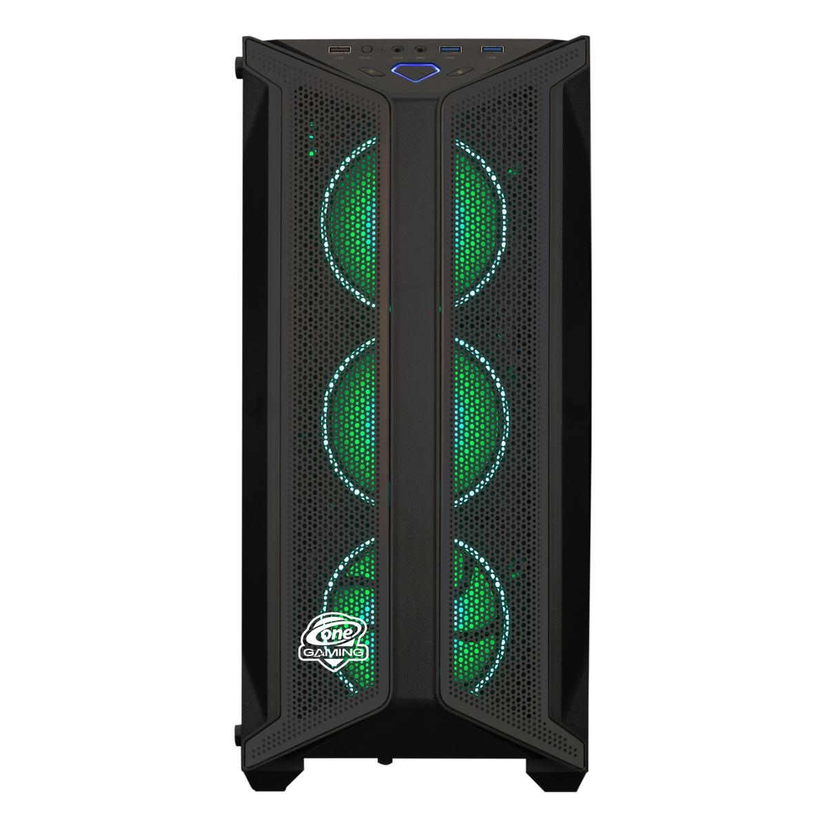 Ein schwarzes Computergehäuse mit grün beleuchteten Lüftern. Das Gehäuse hat unten das Logo 'one gaming'.