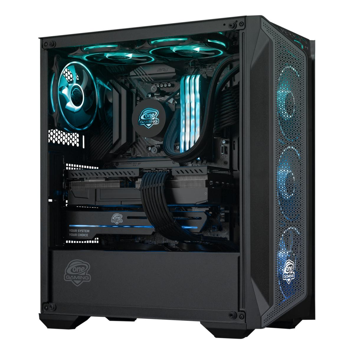 Ein Computergehäuse mit internen Komponenten. Es hat Lüfter mit blauen Lichtern. Das Gehäuse hat das Logo 'one gaming'.
