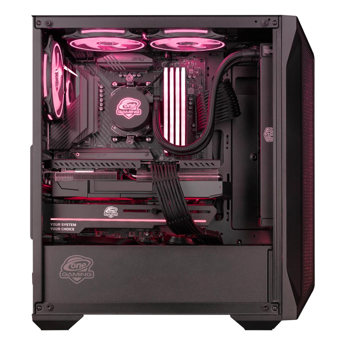 Ein offenes Computergehäuse zeigt interne Komponenten. Rosa Lichter beleuchten Lüfter, einen CPU-Kühler und andere Teile. Das Gehäuse ist schwarz.