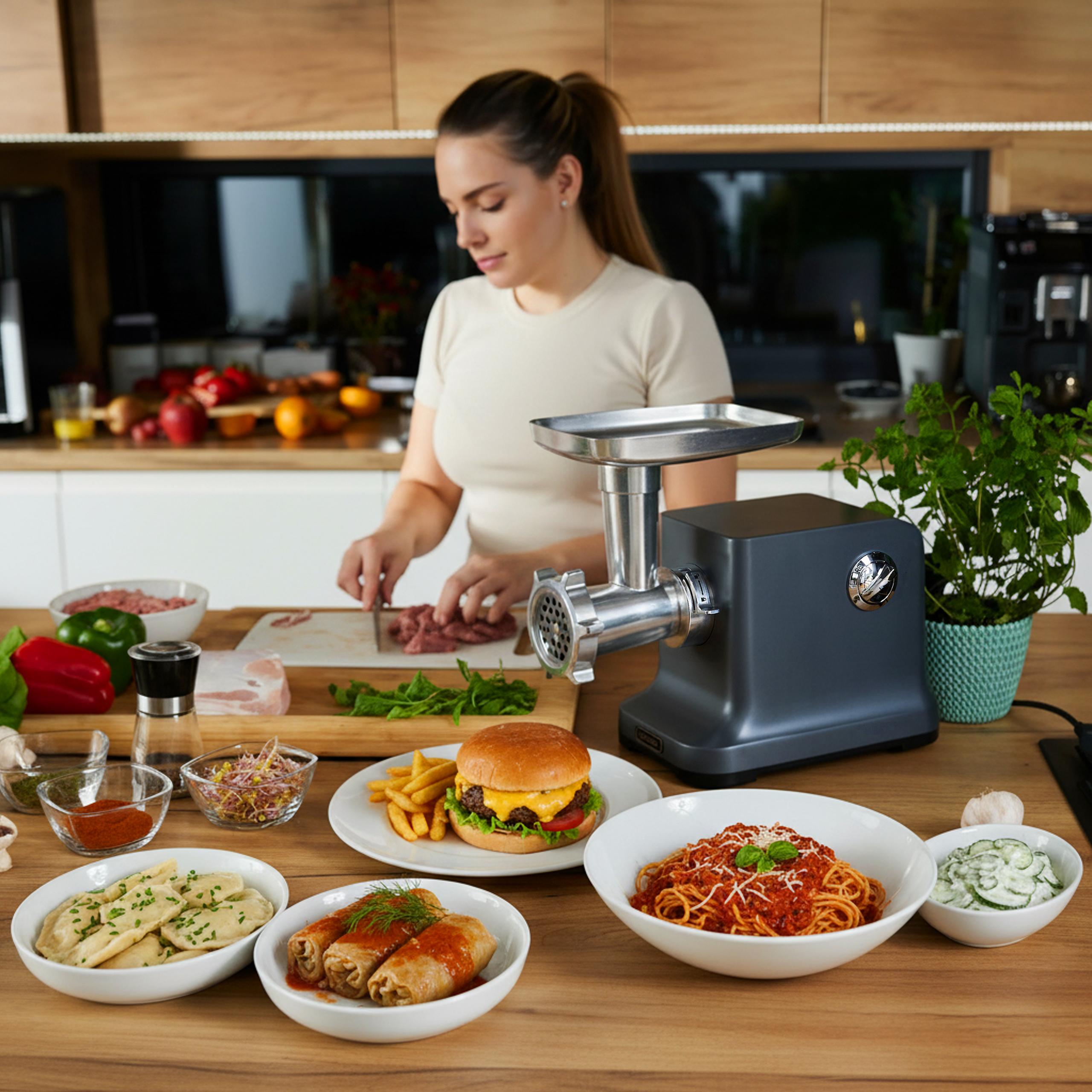 Kobieta w kuchni z jedzeniem. Burger, makaron, pierogi i gołąbki na stole. Maszynka do mięsa po prawej.