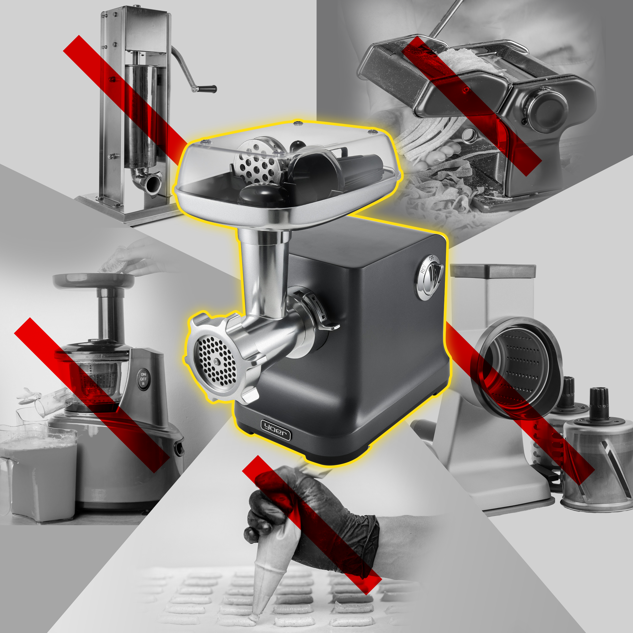Wyróżniona jest centralna maszynka do mięsa. Inne urządzenia kuchenne są przekreślone czerwonymi liniami.