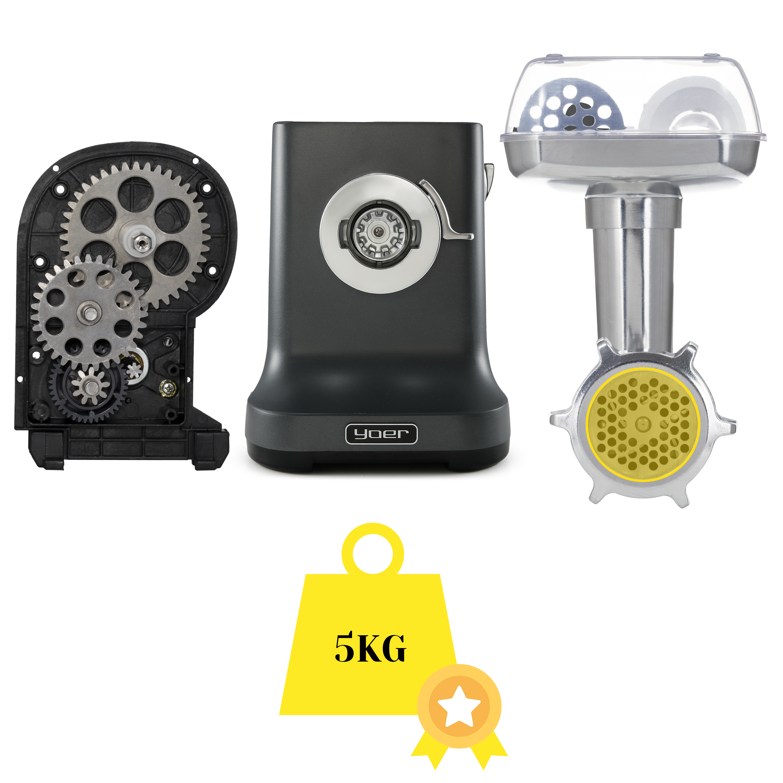 Maszynka do mięsa z zębatkami, korpusem i przezroczystą plastikową pokrywą. Żółty ciężar z 5KG i wstążką.
