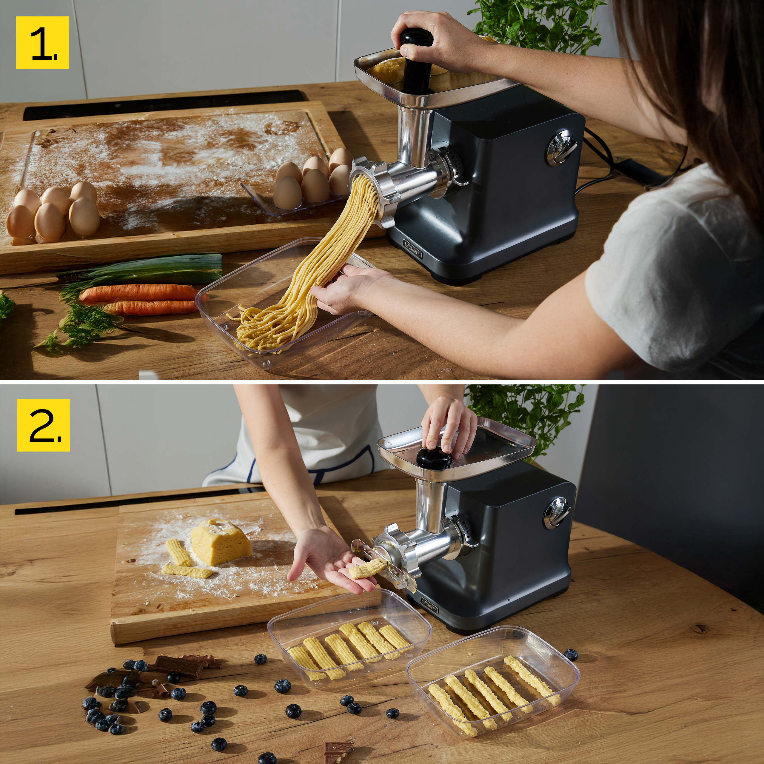 Osoba używa maszynki do makaronu do robienia makaronu i ciasteczek. Obecne są składniki, takie jak jajka i marchewki.