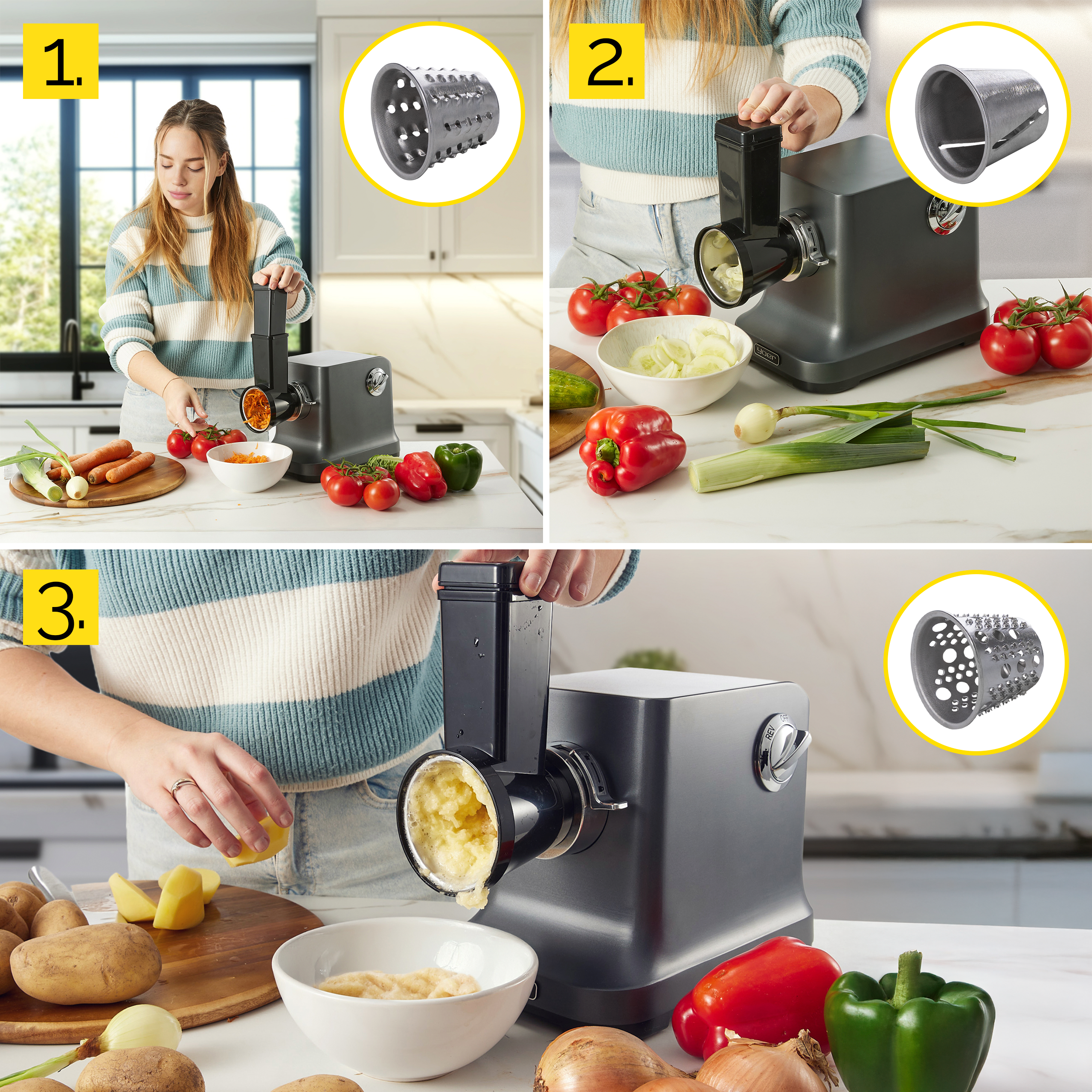 Kobieta mieli warzywa maszyną. Pomidory, papryka i cebula na blacie. Pokrojona marchewka w misce.