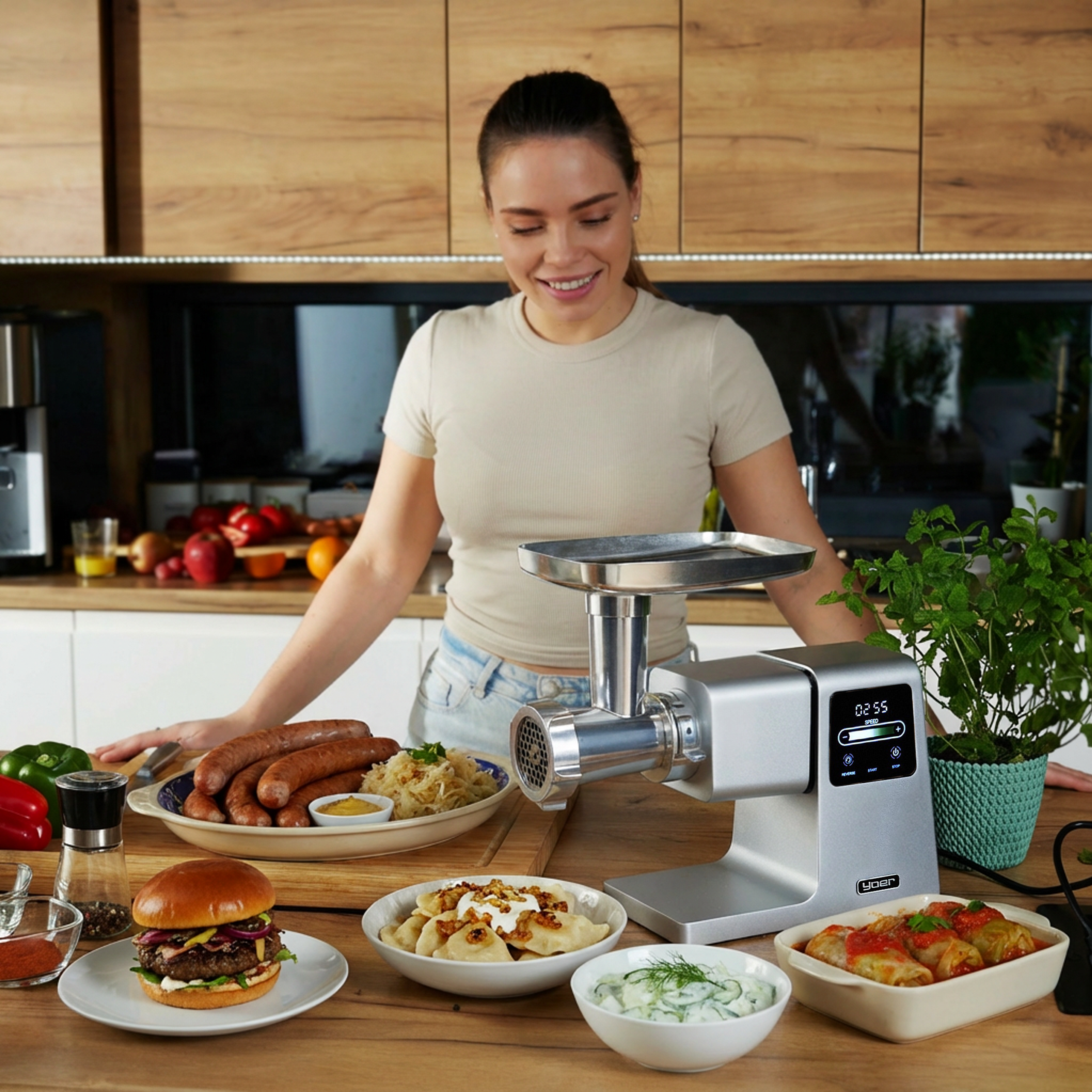 Kobieta uśmiecha się w kuchni z jedzeniem. Jest maszynka do mięsa, burger, pierogi, kiełbasa i gołąbki.