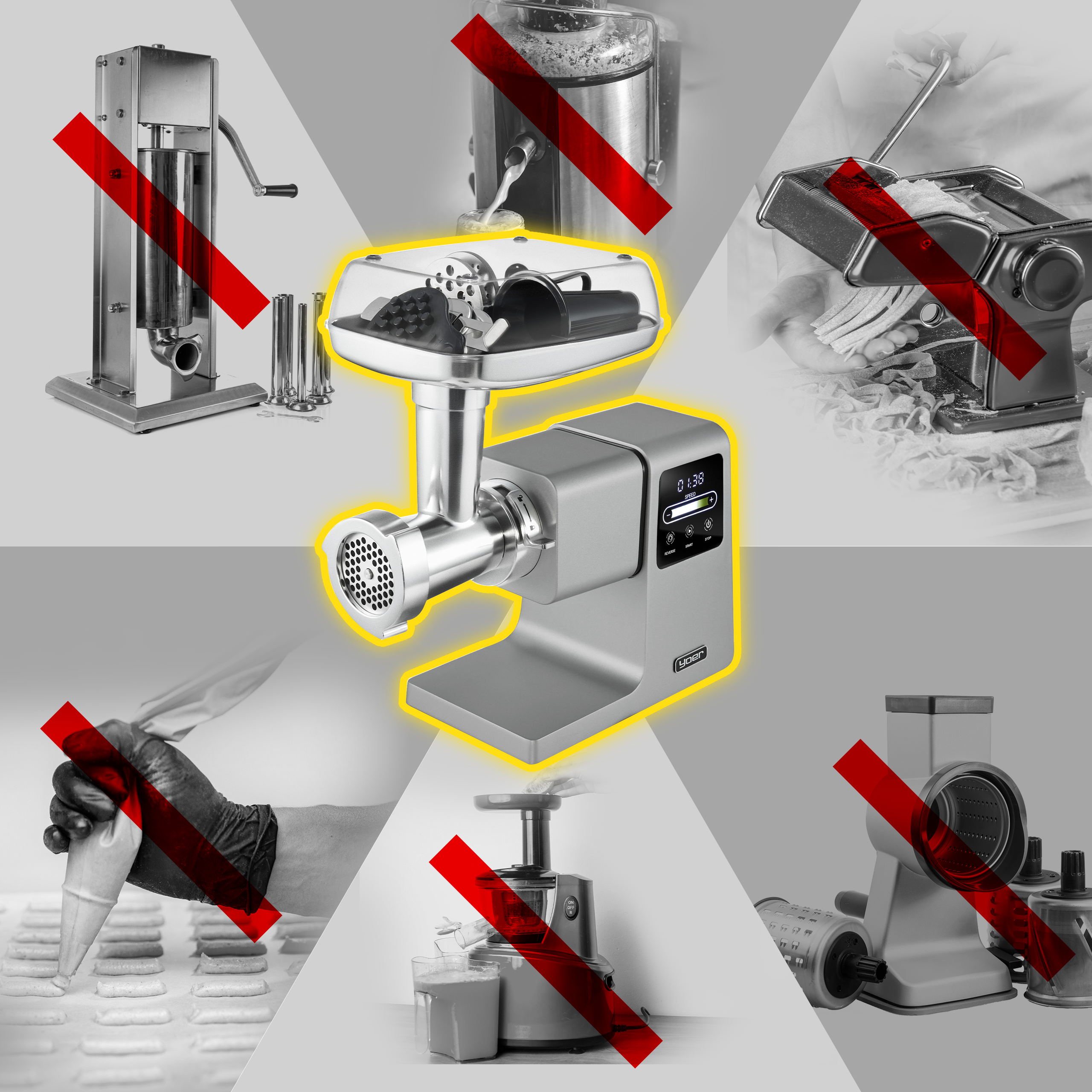 Szara maszynka do mięsa jest podświetlona. Inne urządzenia kuchenne są przekreślone czerwonymi liniami, na szarym tle.