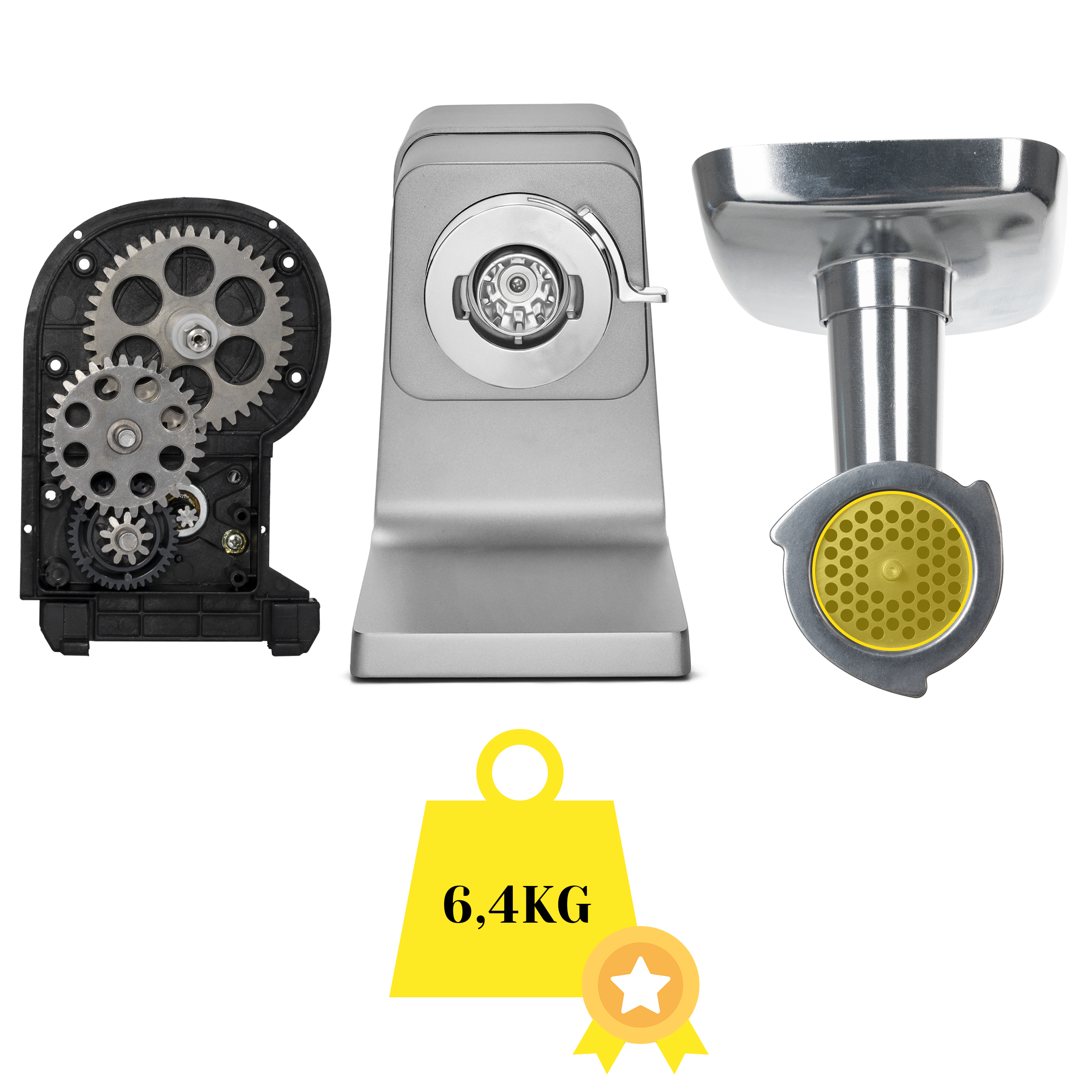 Części maszynki do mięsa i wskaźnik wagi, z zębatkami i 6,4KG. Części obejmują korpus, głowicę i zębatki.