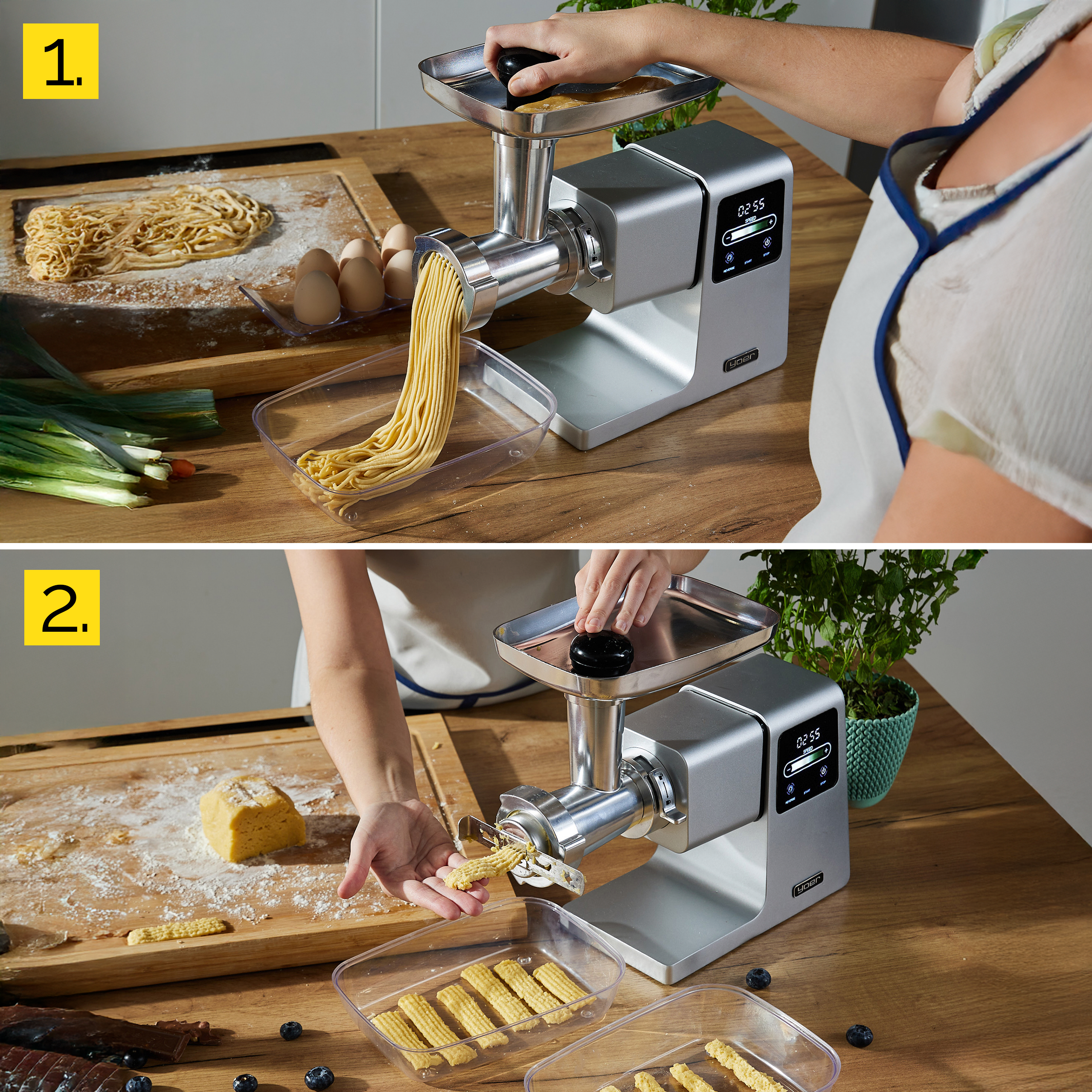 Osoba używa maszynki do makaronu. Z przodu drewniana deska z makaronem, jajkami i warzywami.