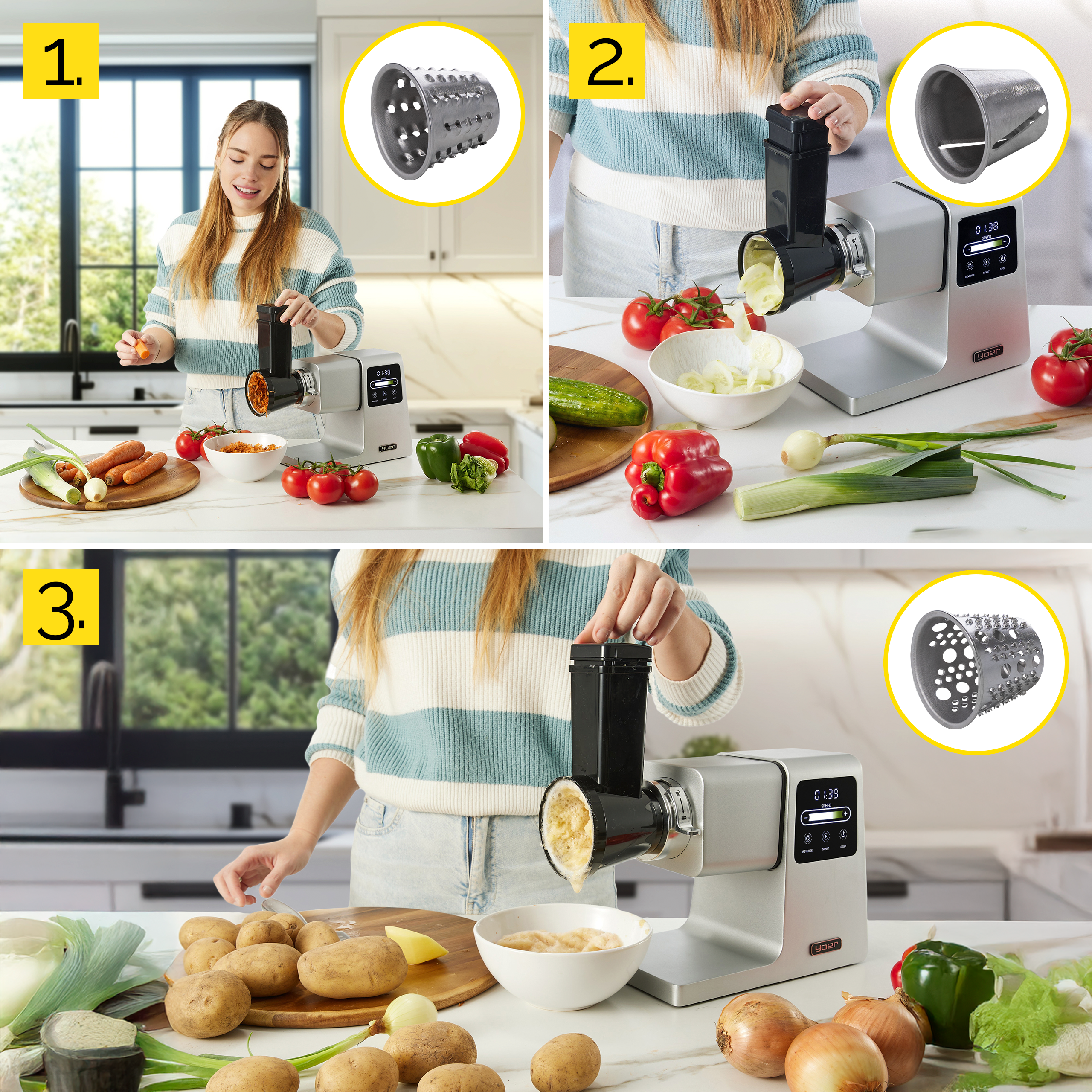 Kobieta używa robota kuchennego z warzywami na stole. Zawiera marchew, pomidory i paprykę.