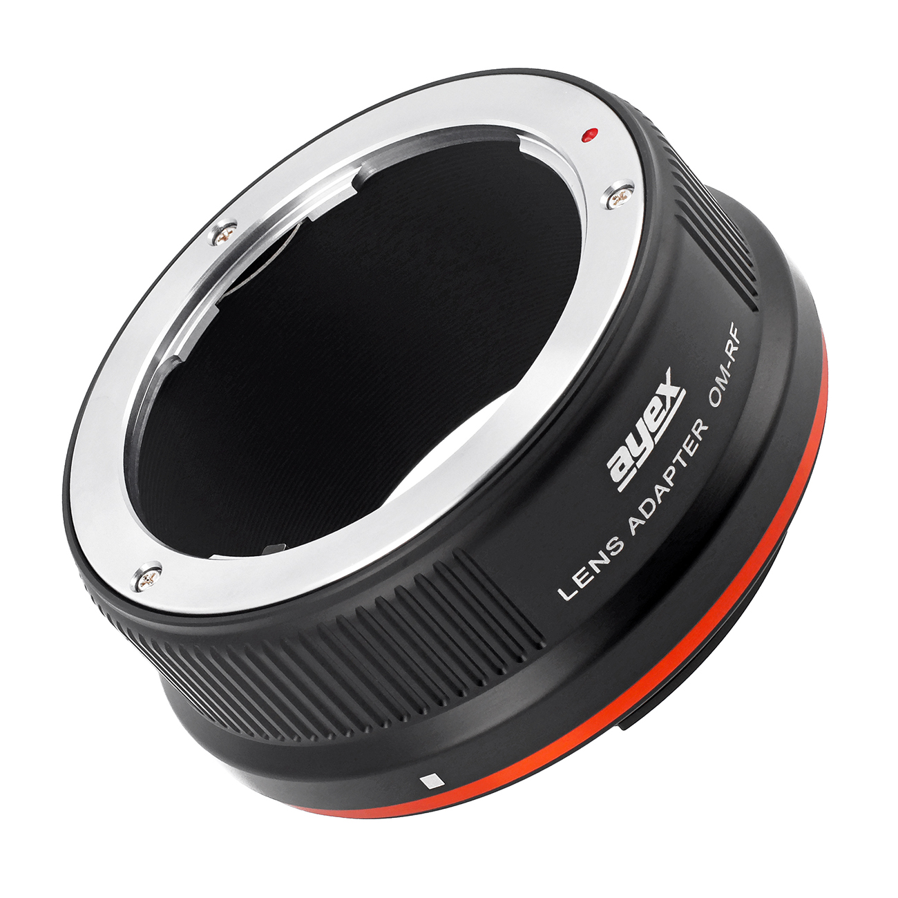Ein schwarzer und silberner Objektivadapter. Er hat einen orangefarbenen Ring und den Text 'ayex LENS ADAPTER OM-RF' darauf. Weißer Hintergrund.