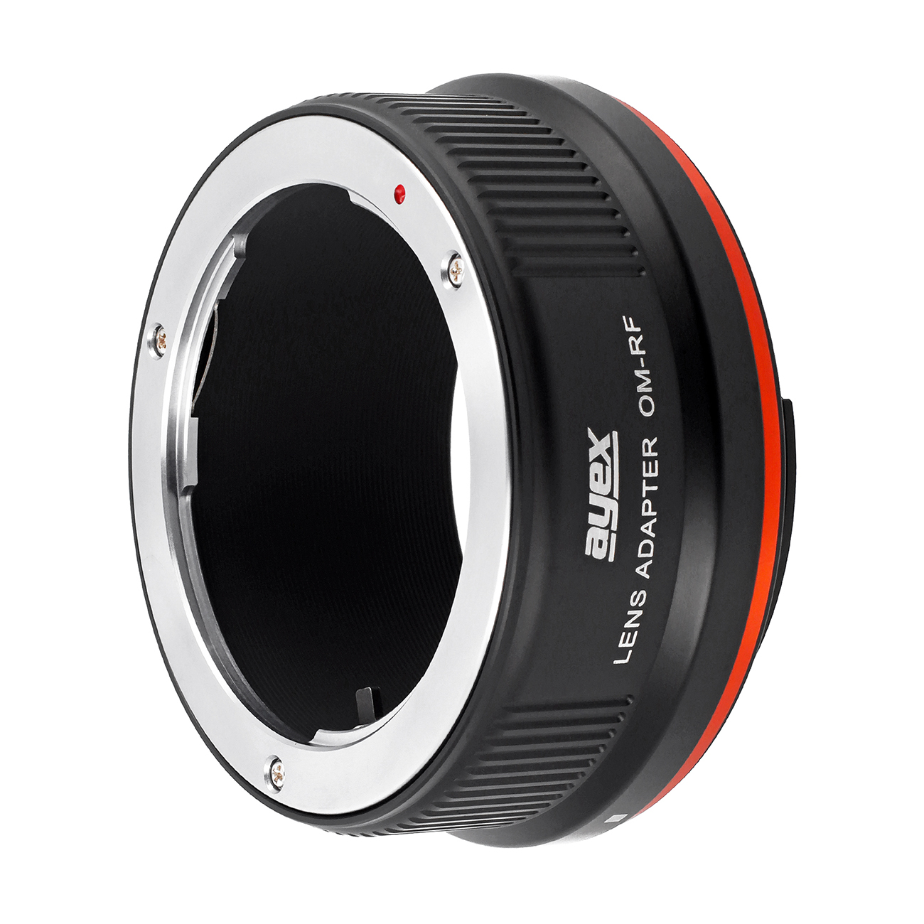 Ein schwarzer Objektivadapter mit silbernen Ringen. Roter Akzent an der Seite. Der Text "ayex LENS ADAPTER OM-RF" ist aufgedruckt.
