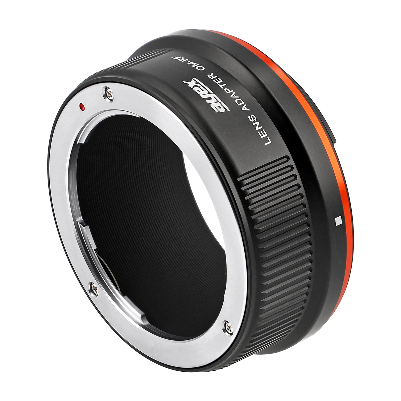 Ein schwarzer und silberner Objektivadapter. Er hat einen orangefarbenen Streifen und den Text 'Lens Adapter OM-RF'. Der Adapter befindet sich auf weißem Hintergrund.