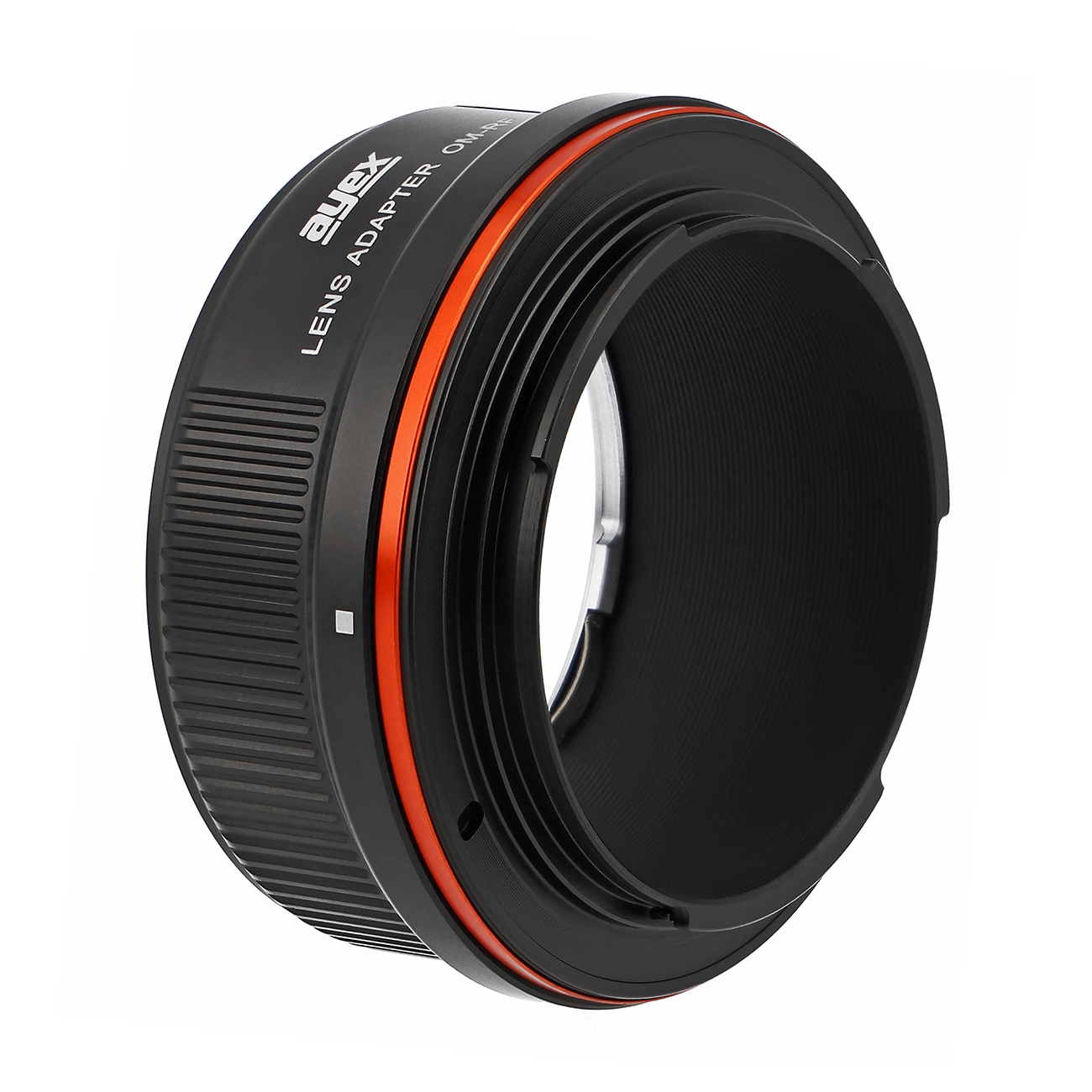Ein schwarzer Objektivadapter mit einem orangefarbenen Ring. Er trägt den Markennamen 'ayex' und 'LENS ADAPTER OM-PEN'.