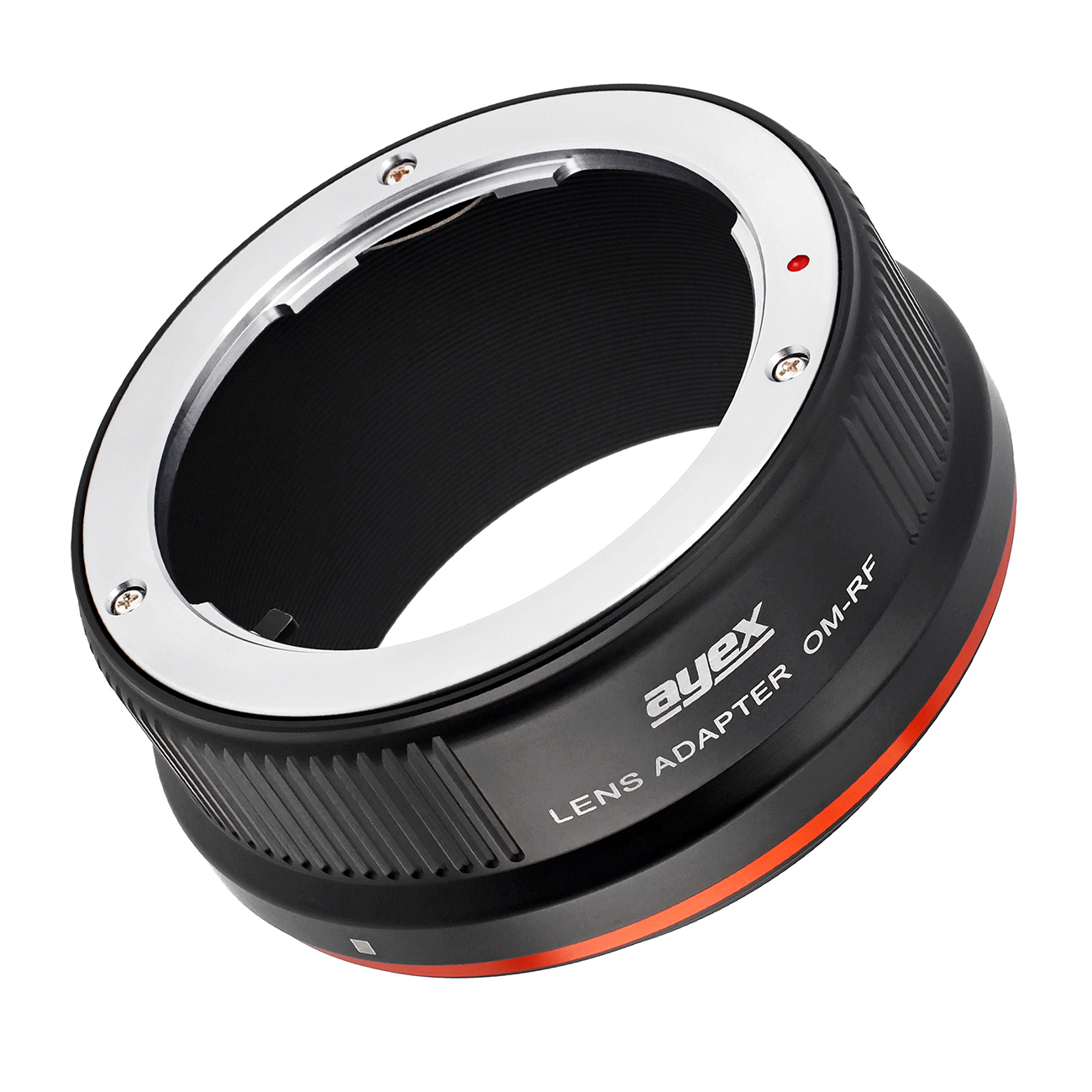 Ein schwarzer Objektivadapter mit silbernem Ring. Der Text 'ayex LENS ADAPTER OM-RF' ist sichtbar. Unten ist eine rote Linie.