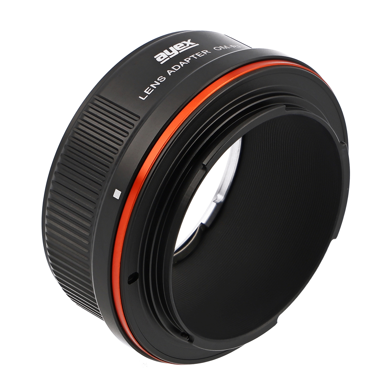 Ein schwarzer Objektivadapter mit einem orangefarbenen Ring. Der Adapter trägt den Text 'ayex LENS ADAPTER'. Weißer Hintergrund.