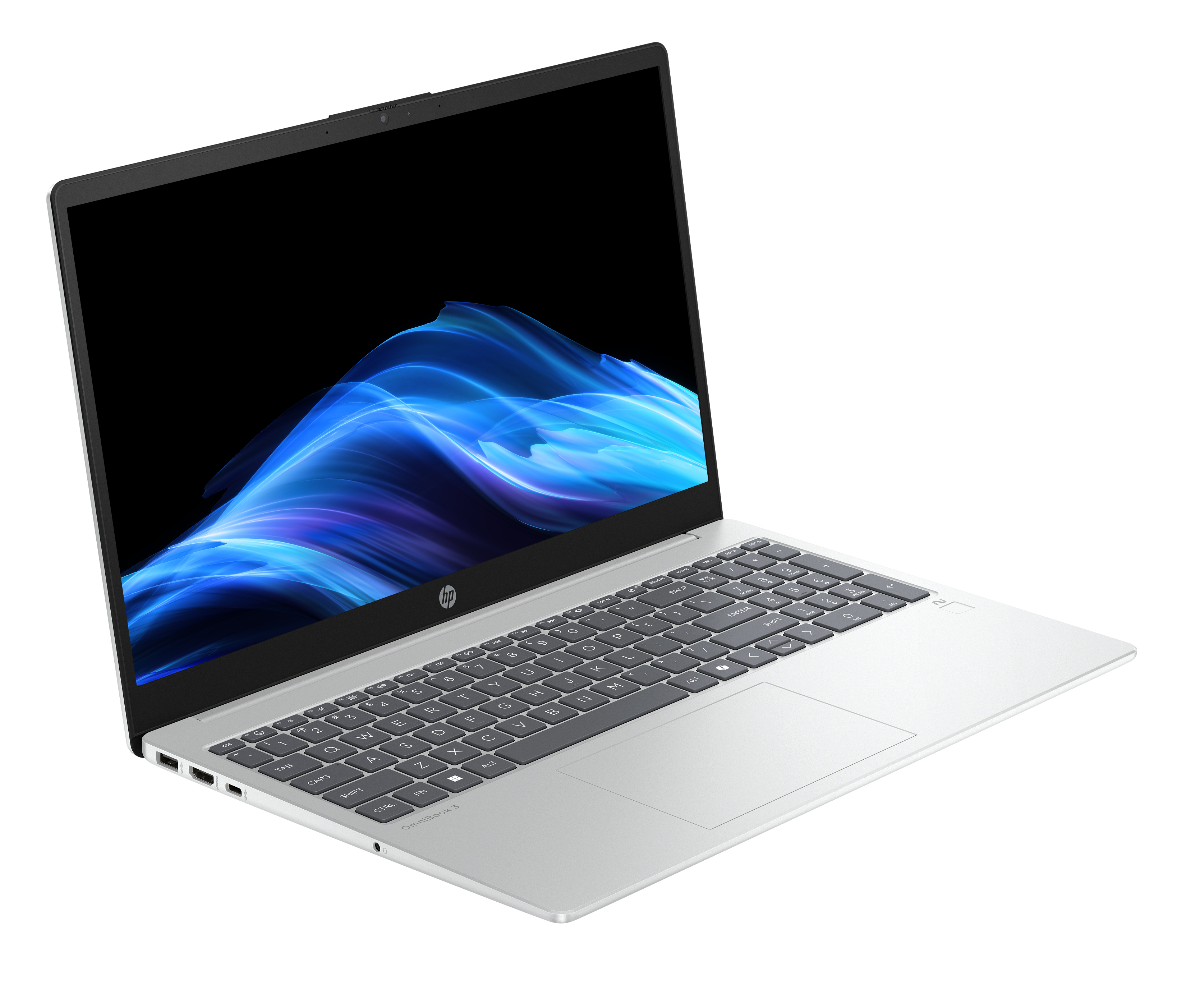 Ordinateur portable argenté avec écran noir et motif bleu et blanc, clavier visible, sur fond blanc.