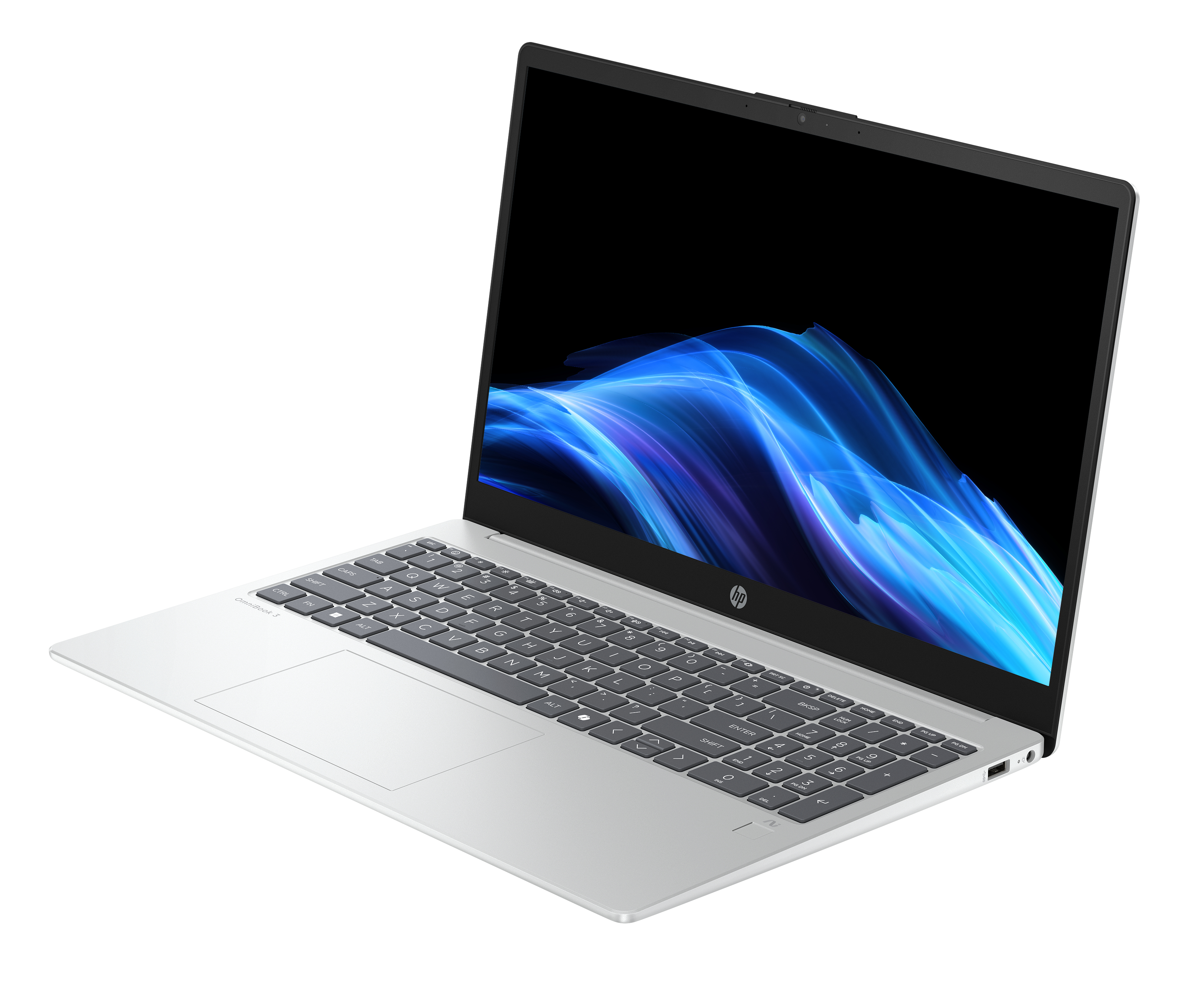 Laptop HP argento aperto, tastiera visibile. Schermo con design astratto blu e bianco.