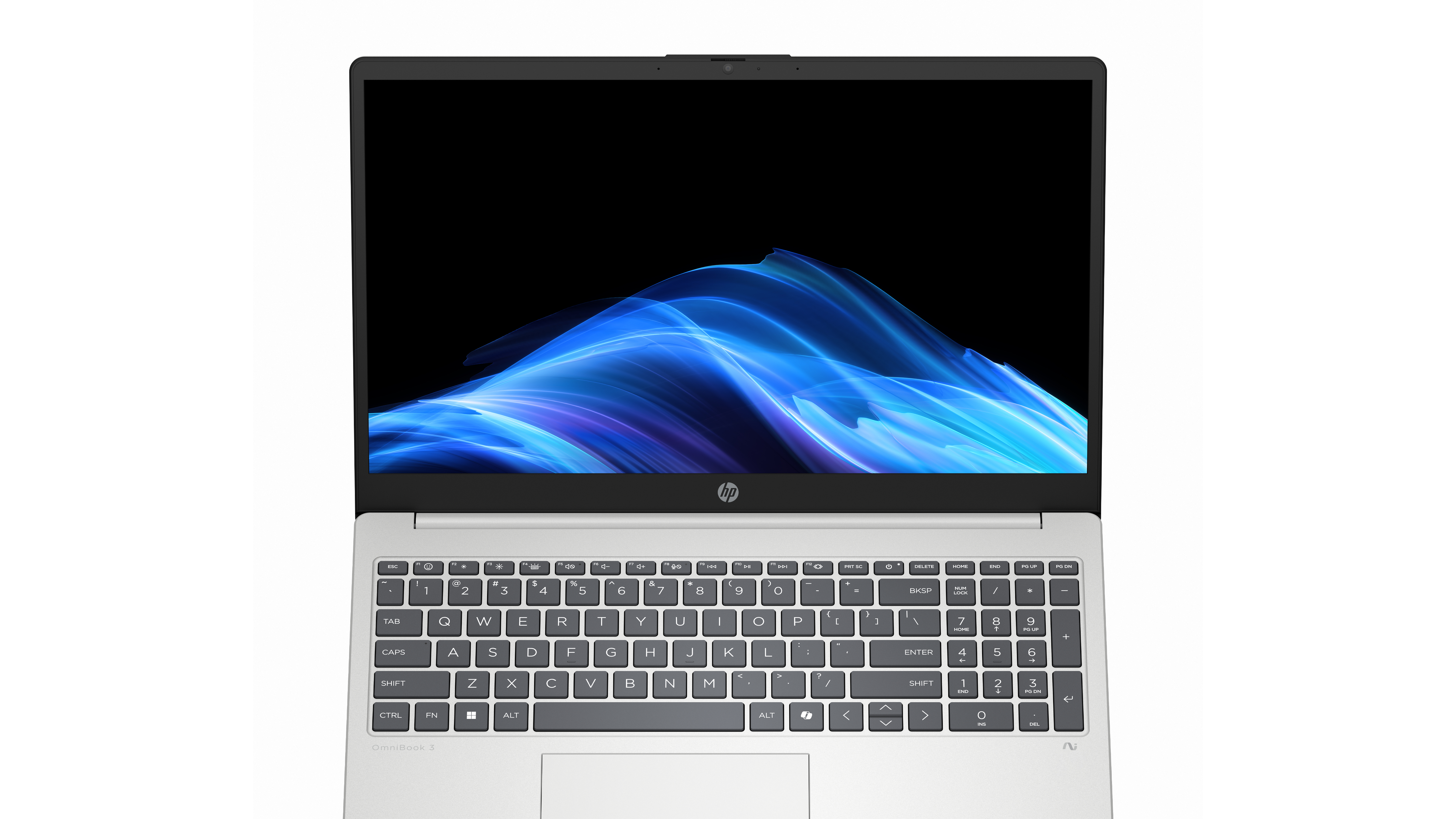 Laptop argento aperto, tastiera visibile. Lo schermo mostra un design astratto blu. Logo HP visibile.