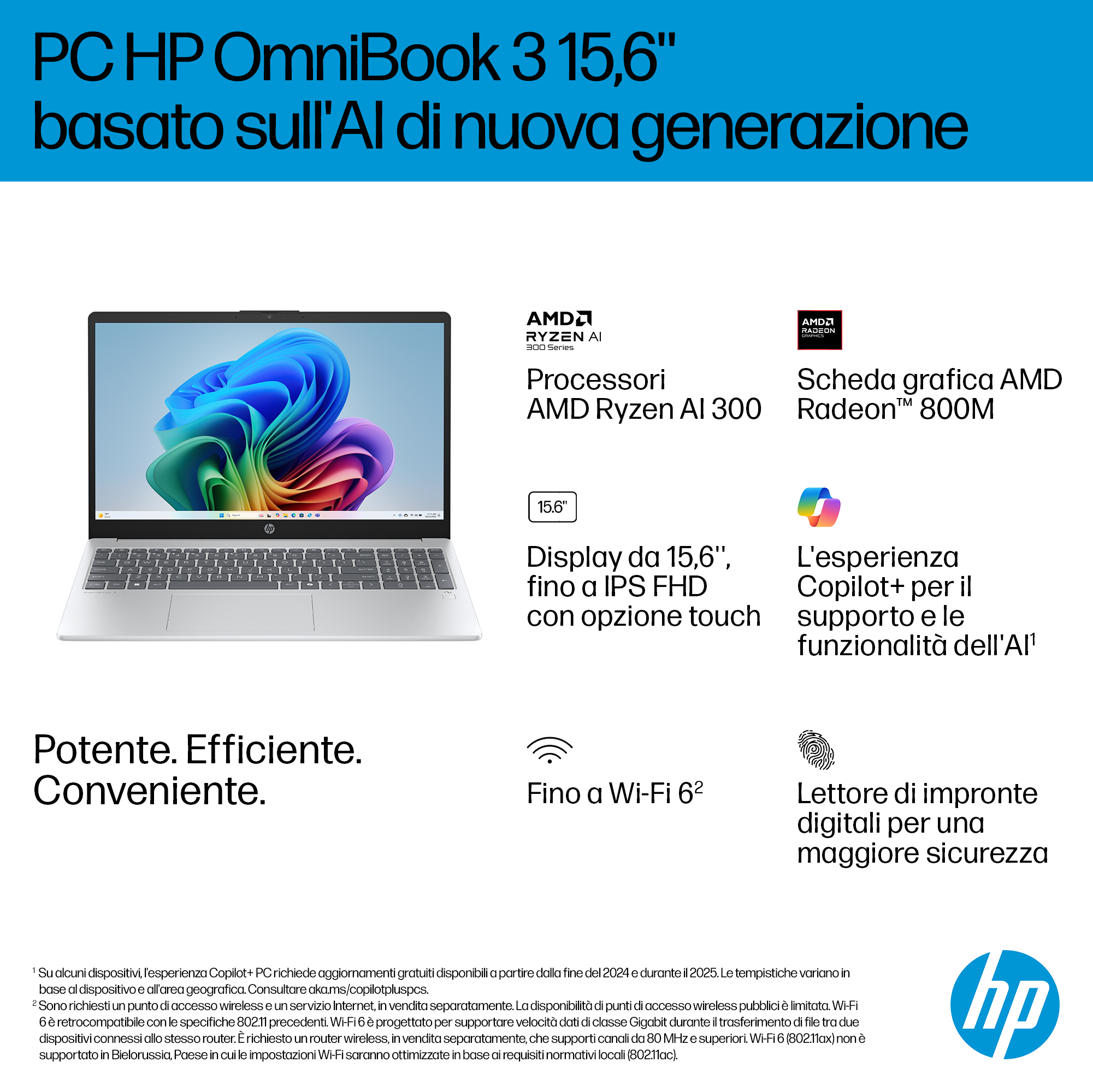Annuncio laptop con testo: PC HP OmniBook, AMD Ryzen AI, display da 15,6" e lettore di impronte digitali.