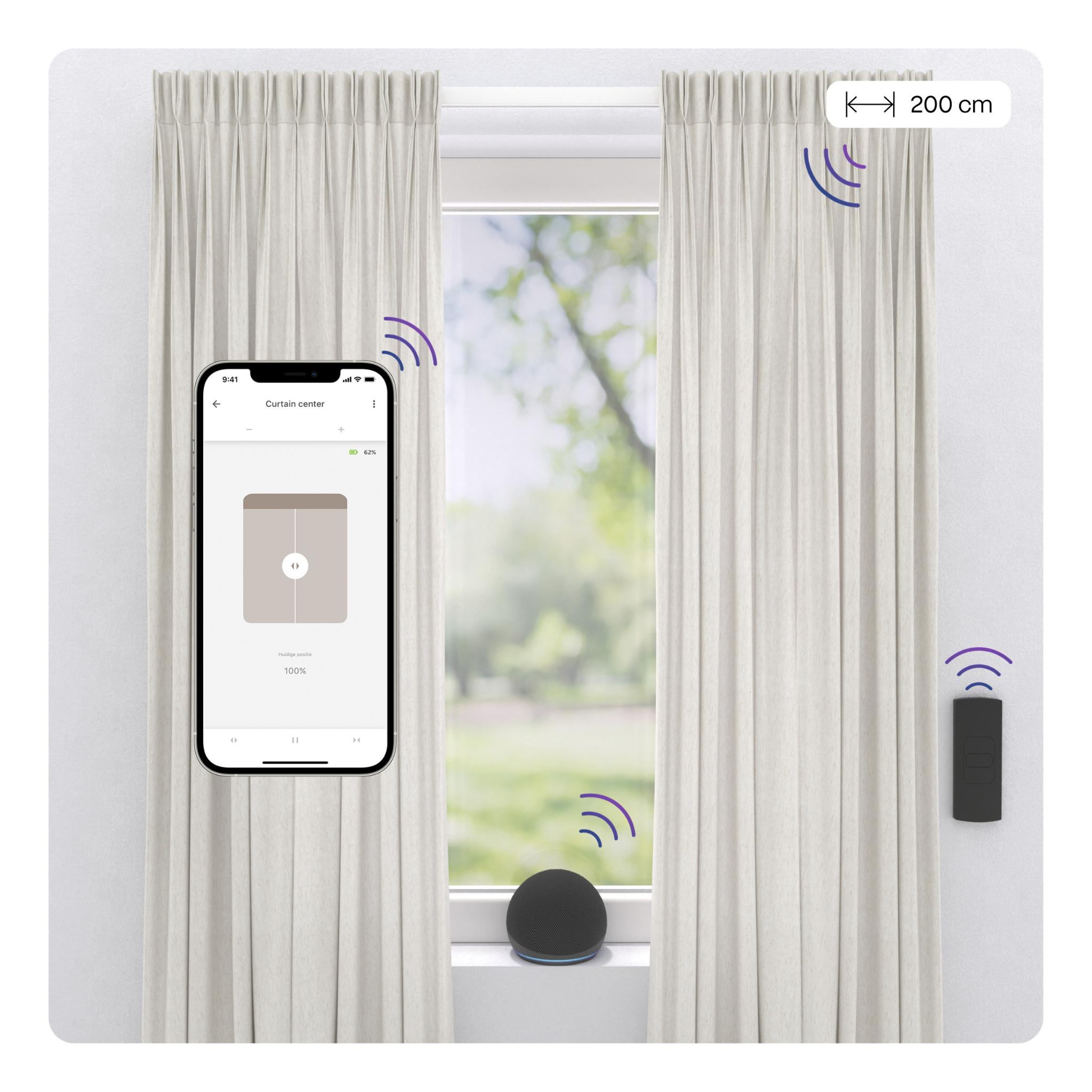 Curtains controlled by a phone. A remote, a smart speaker, and a window are also visible. The curtain is 100% open.