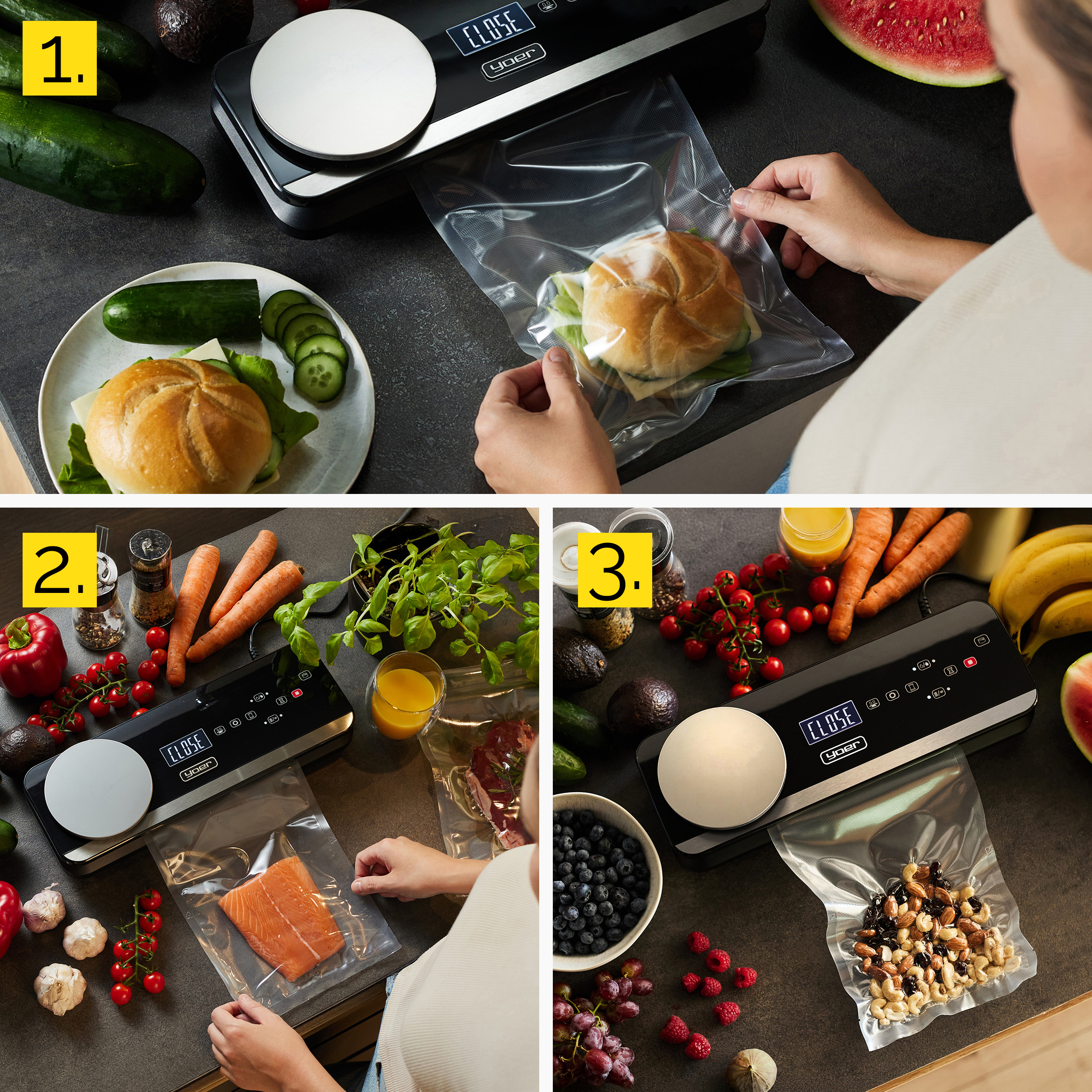 Osoba zamyka kanapkę. Produkty spożywcze, takie jak ogórki, awokado i arbuz, znajdują się w pobliżu zgrzewarki próżniowej.