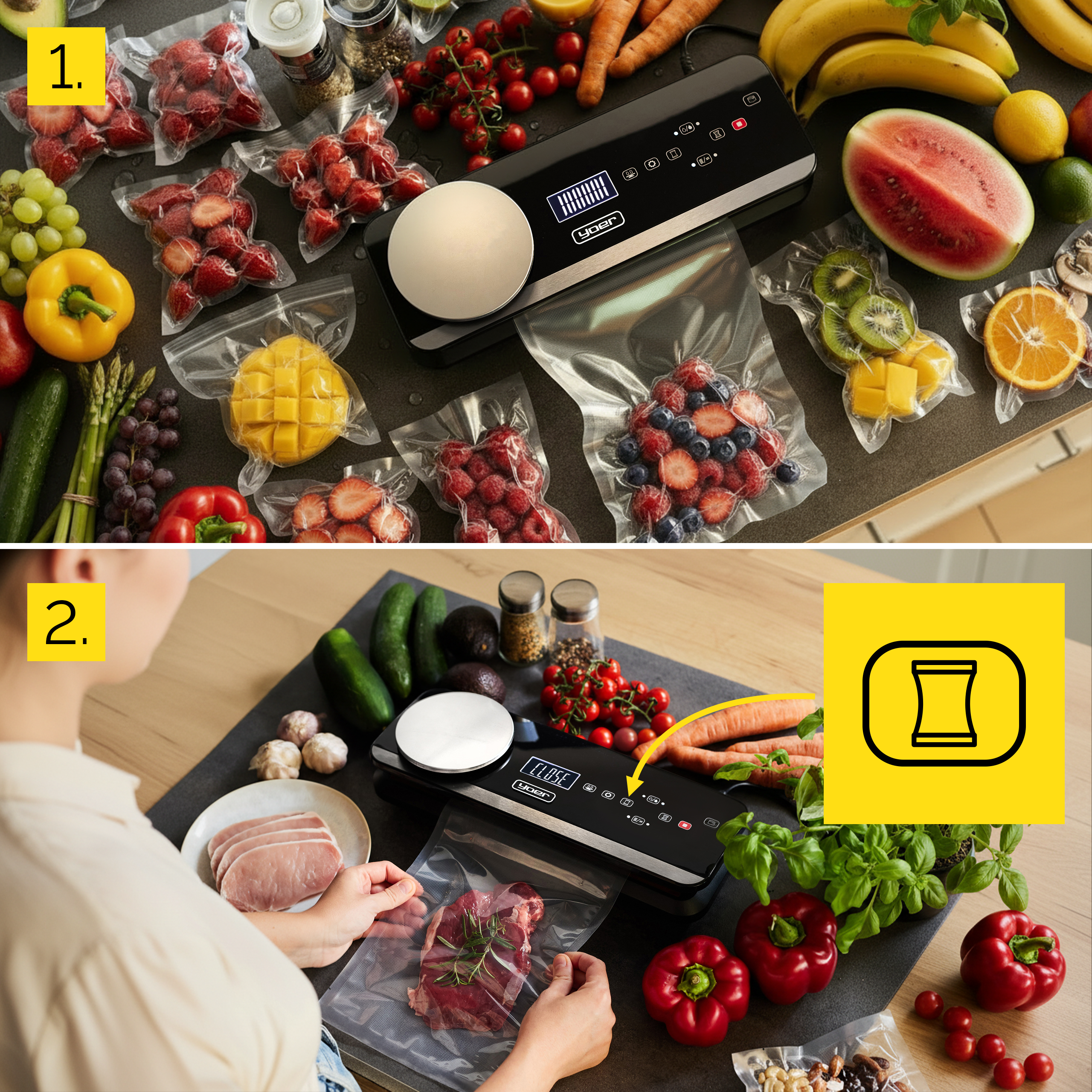 Obraz pokazuje zgrzewarkę próżniową z owocami i warzywami, niektóre zamknięte w workach, na blacie.