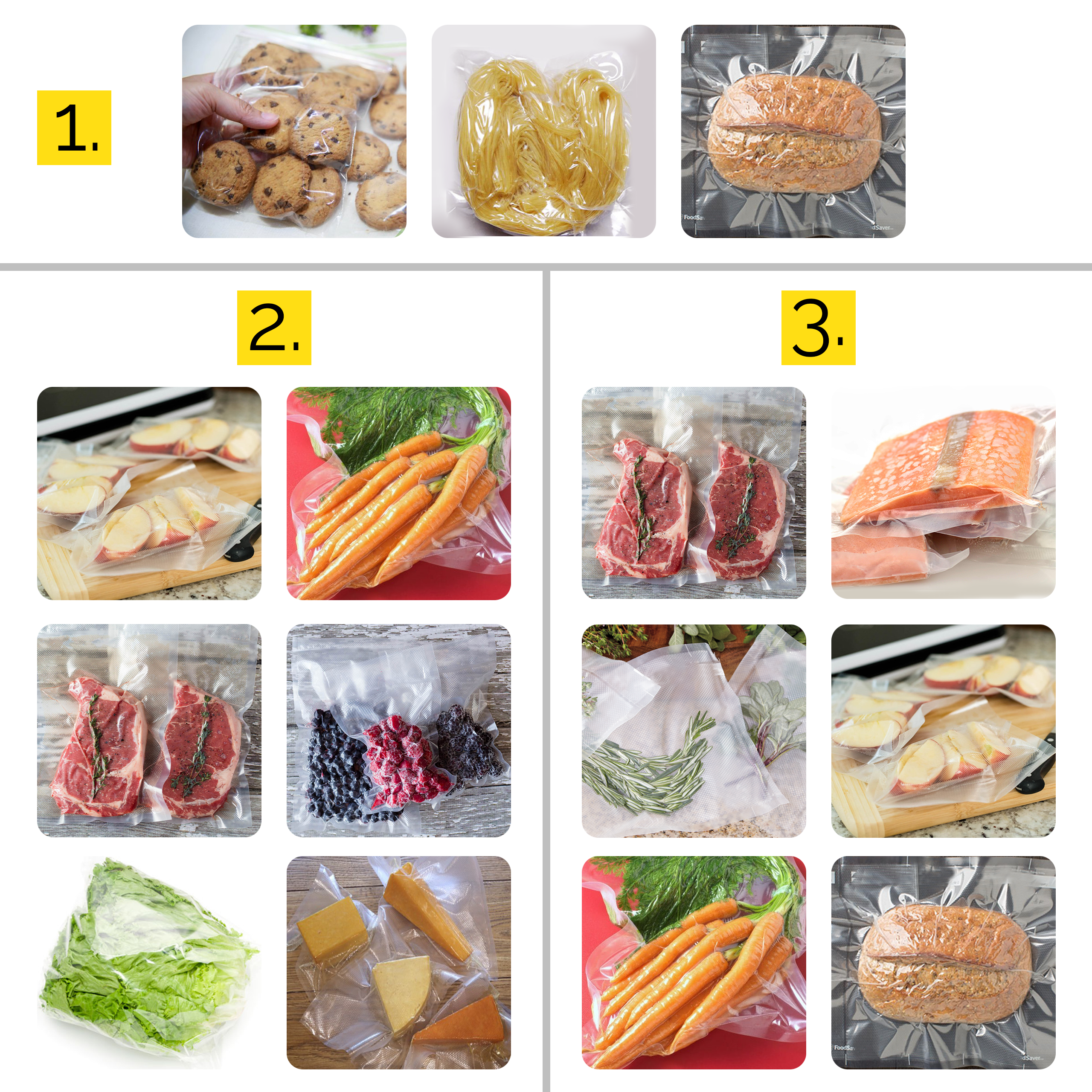 Obraz przedstawia różne produkty spożywcze w opakowaniach próżniowych. Ciasteczka, makaron, chleb, jabłka, marchewki, steki, jagody, ser.