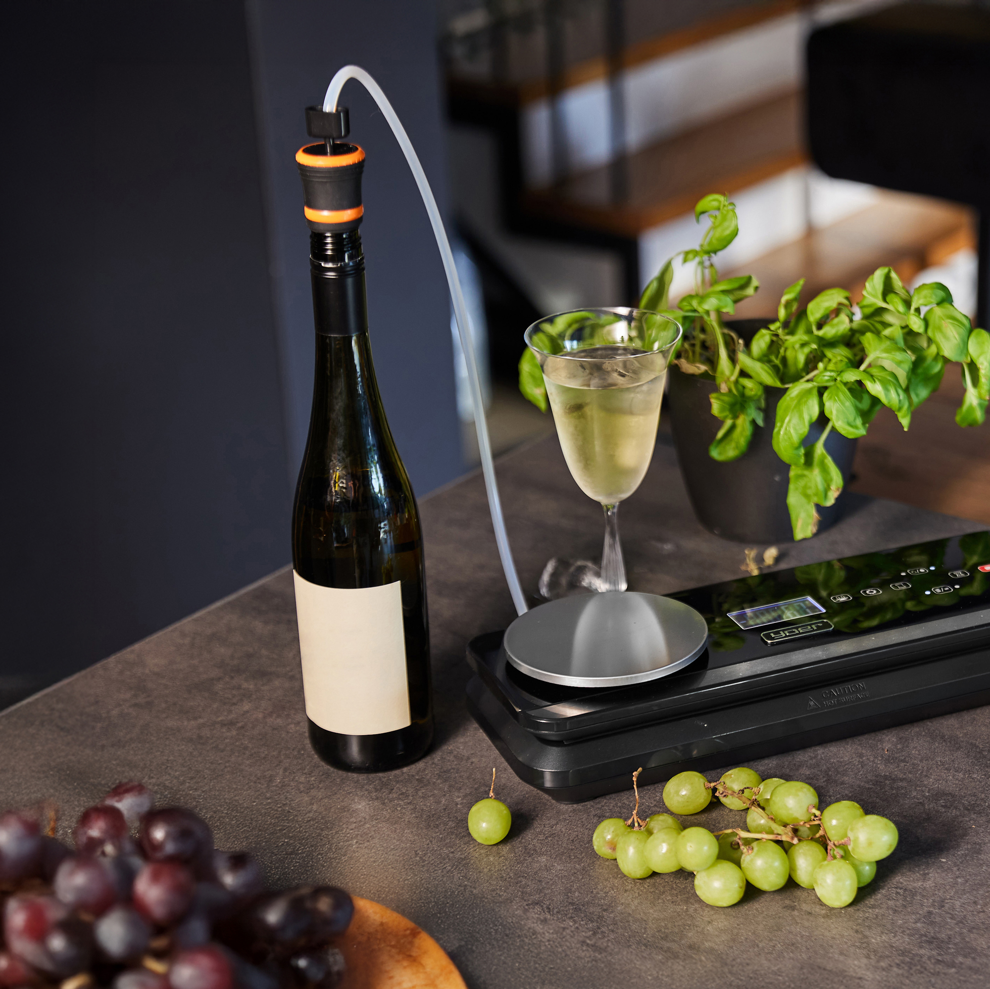 Butelka wina z uszczelnieniem próżniowym, kieliszek wina, winogrona i roślina na blacie. Obecna jest zgrzewarka próżniowa.