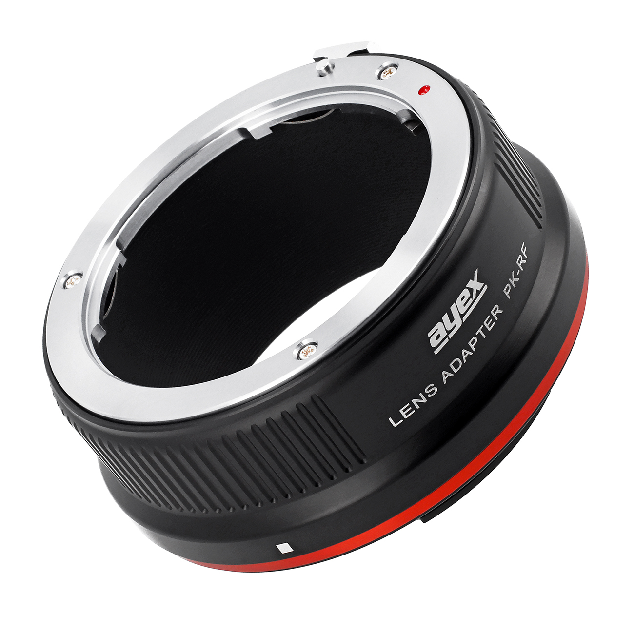 Ein schwarzer und silberner Objektivadapter. Er hat einen roten Ring und den Text "ayex LENS ADAPTER PK-RF" darauf. Weißer Hintergrund.