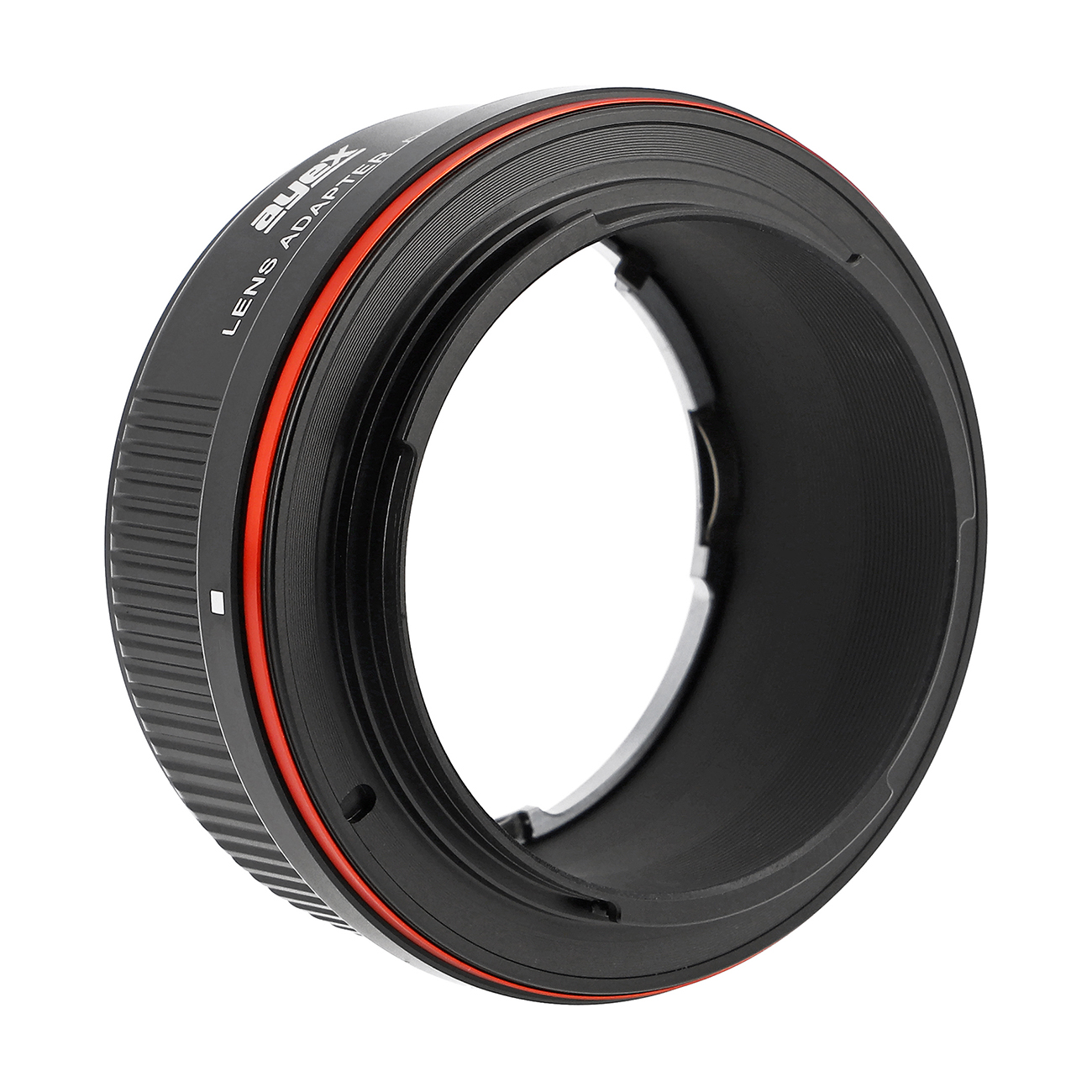 Ein schwarzer Objektivadapter mit rotem Ring. Der Text 'Lens Adapter' ist darauf gedruckt.