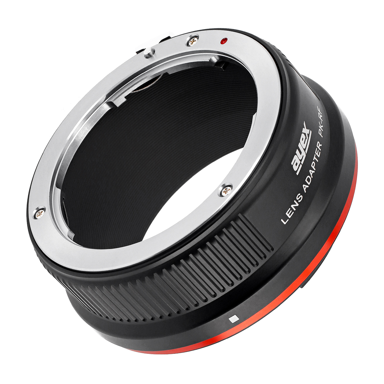 Ein schwarzer Objektivadapter mit silbernem Ring. Rote Akzente sind sichtbar. Der Adapter ist mit 'ayex LENS ADAPTER PK-AF' beschriftet.