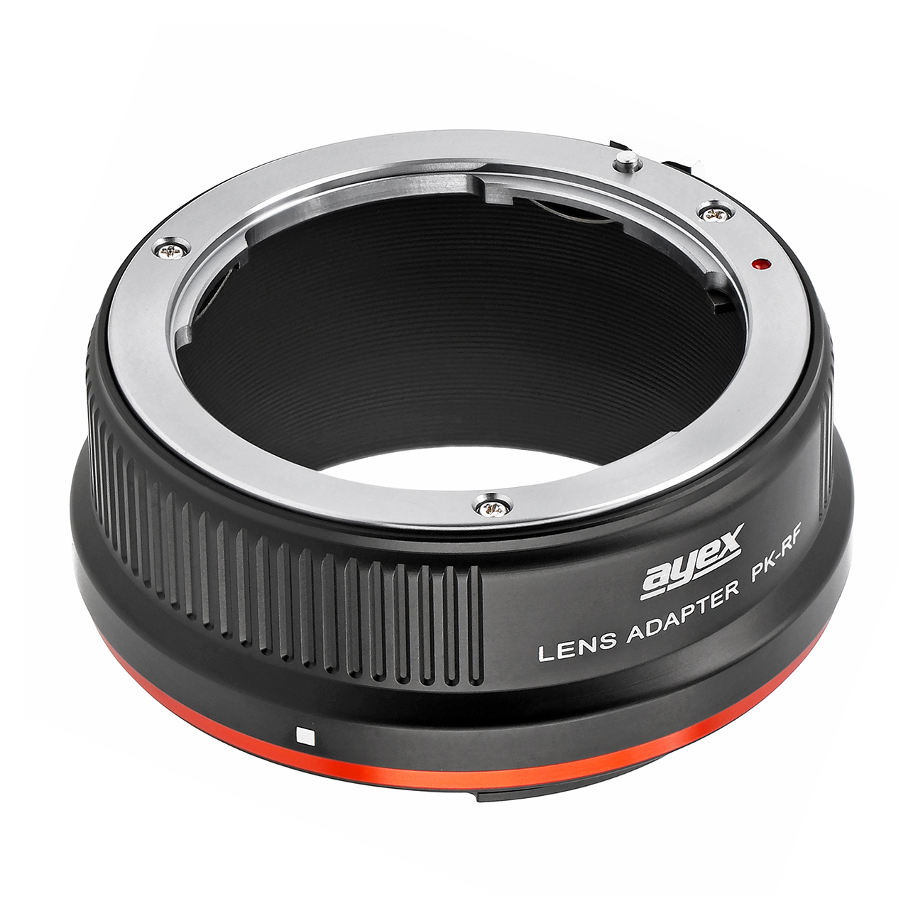 Ein schwarzer Objektivadapter mit silbernem Ring auf weißem Hintergrund. Er hat einen roten Akzent und den Text 'ayex Lens Adapter PK-RF'.
