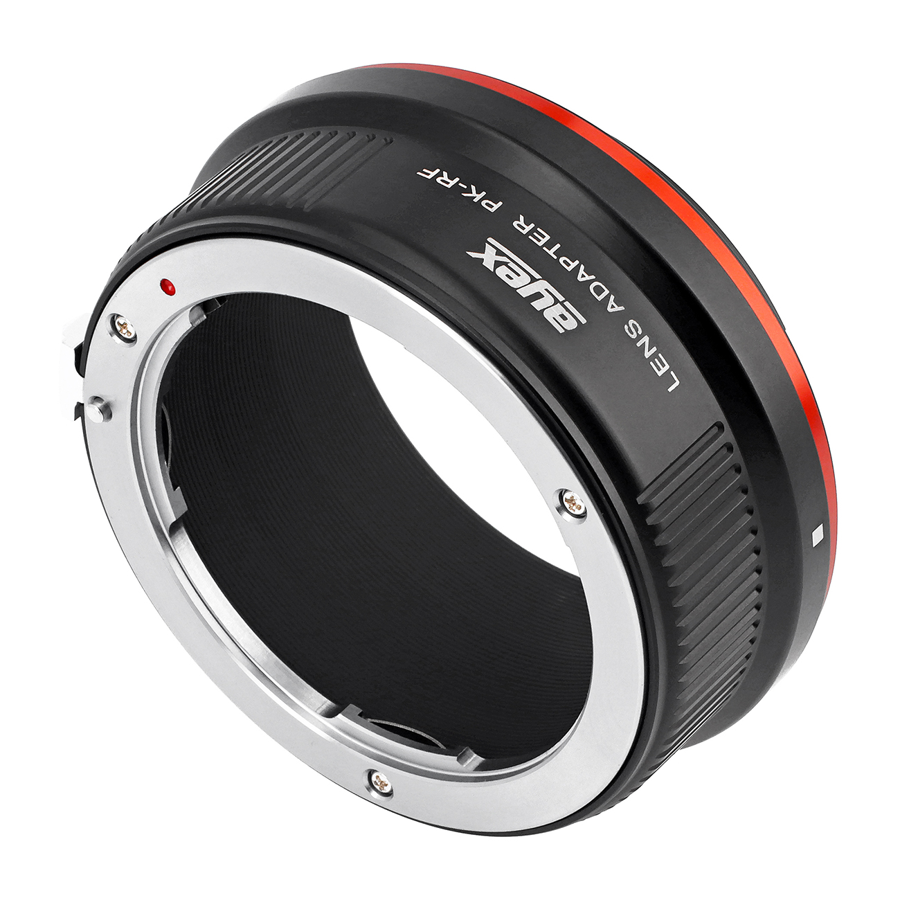 Ein schwarzer Objektivadapter mit rotem Streifen. Er hat silberne Ringe und den Text "LENS ADAPTER PK-RF".