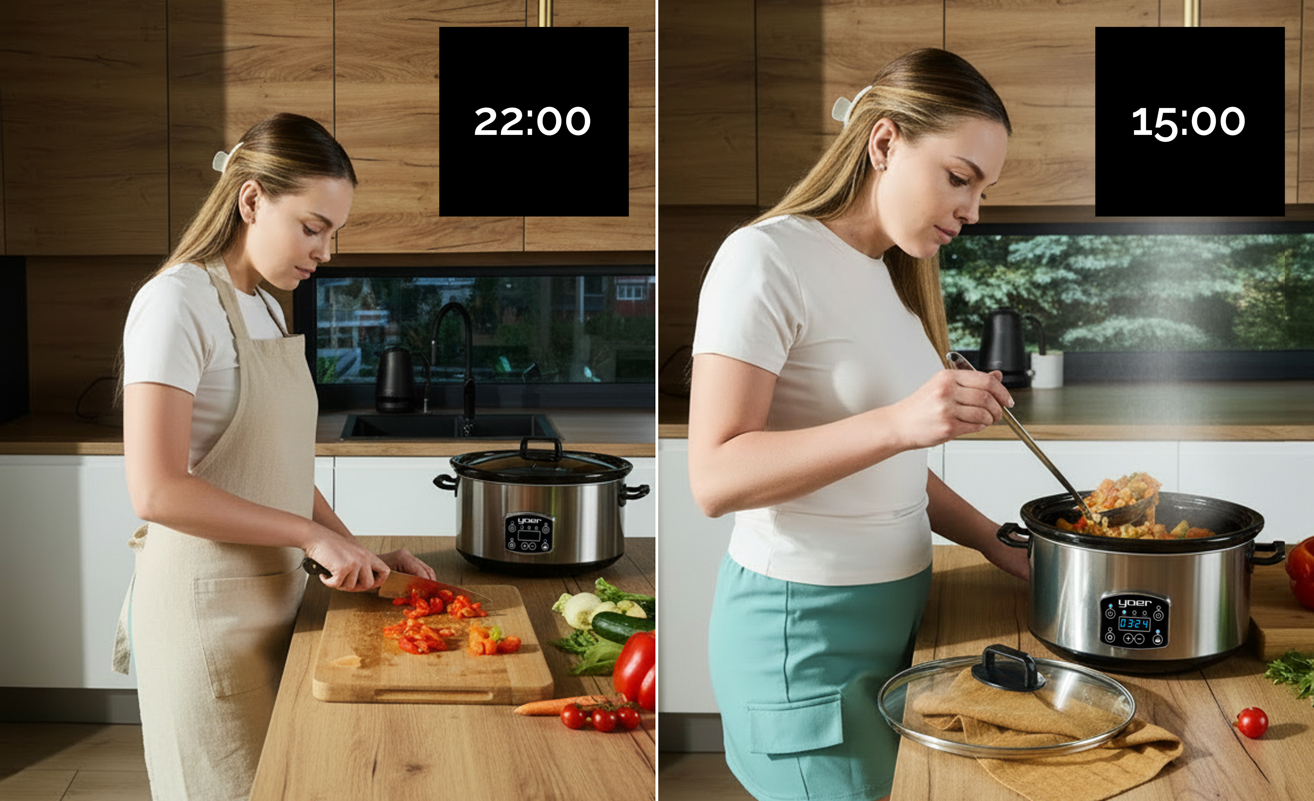 Kobieta przygotowuje jedzenie w kuchni. Kroi warzywa i używa wolnowaru. Wyświetlany czas to 22:00 i 15:00.