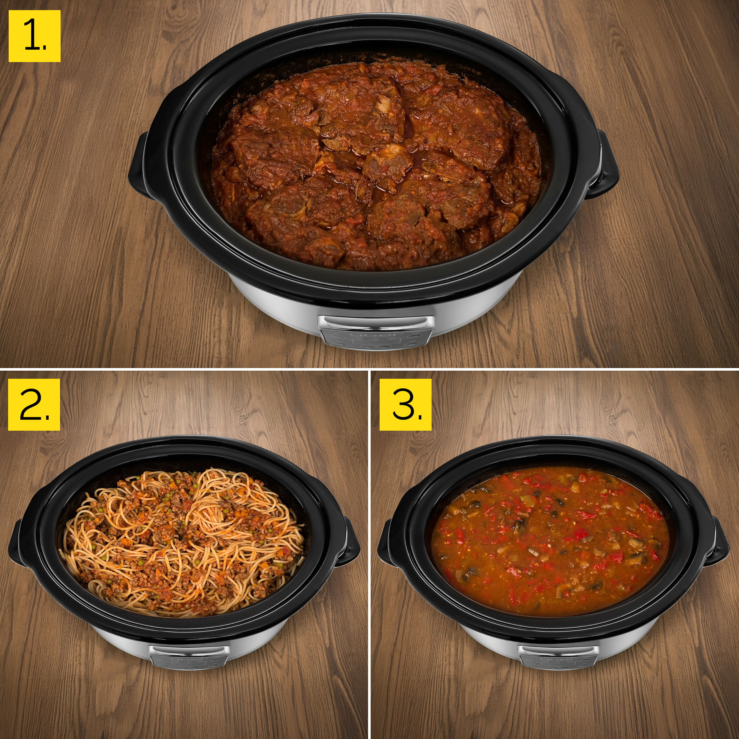 Trzy wolnowary z jedzeniem na drewnianej powierzchni. Zawierają gotowane mięso, spaghetti i gulasz warzywny.