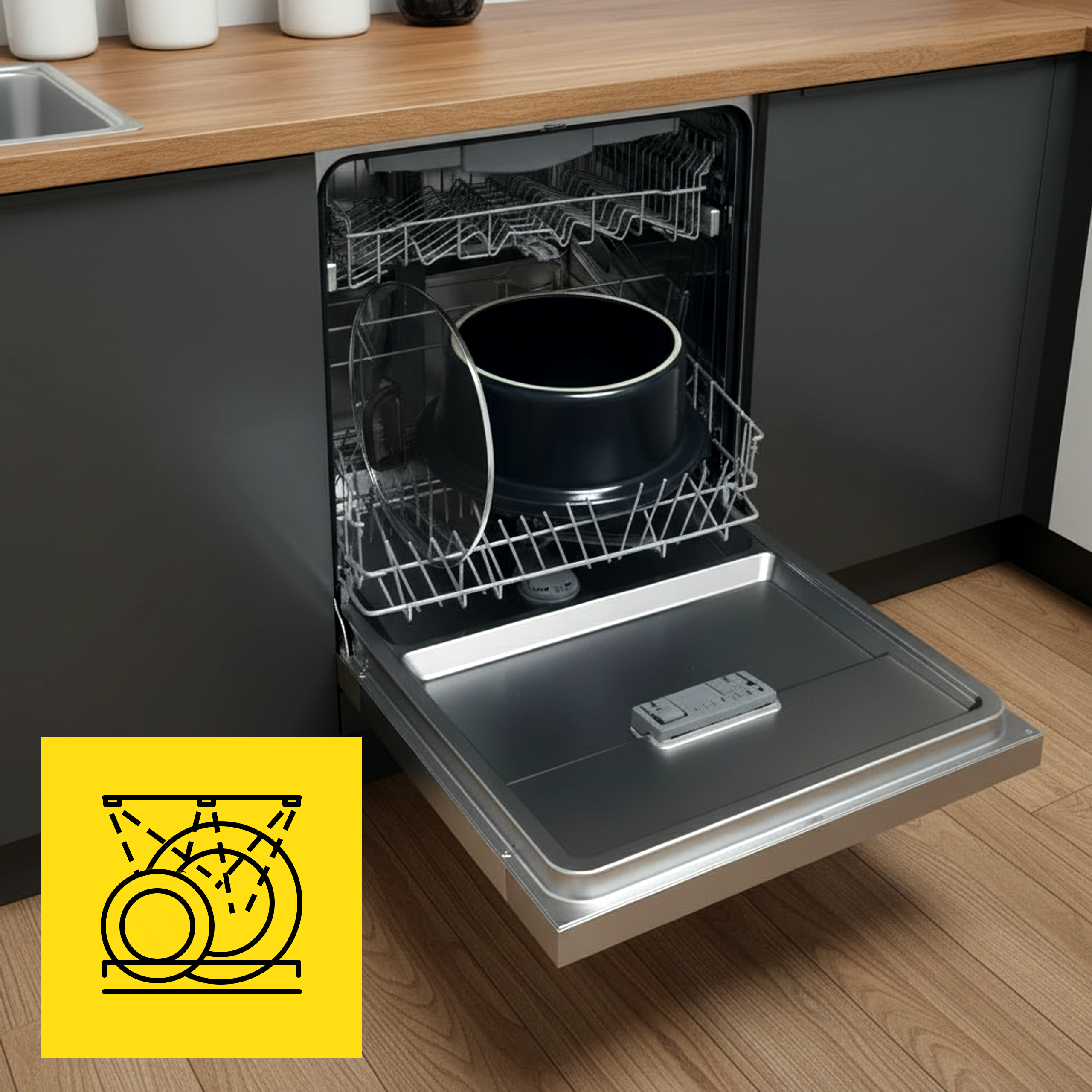 Zmywarka z otwartymi drzwiami, czarnym garnkiem i pilotem. Żółta ikona z naczyniami w rogu.