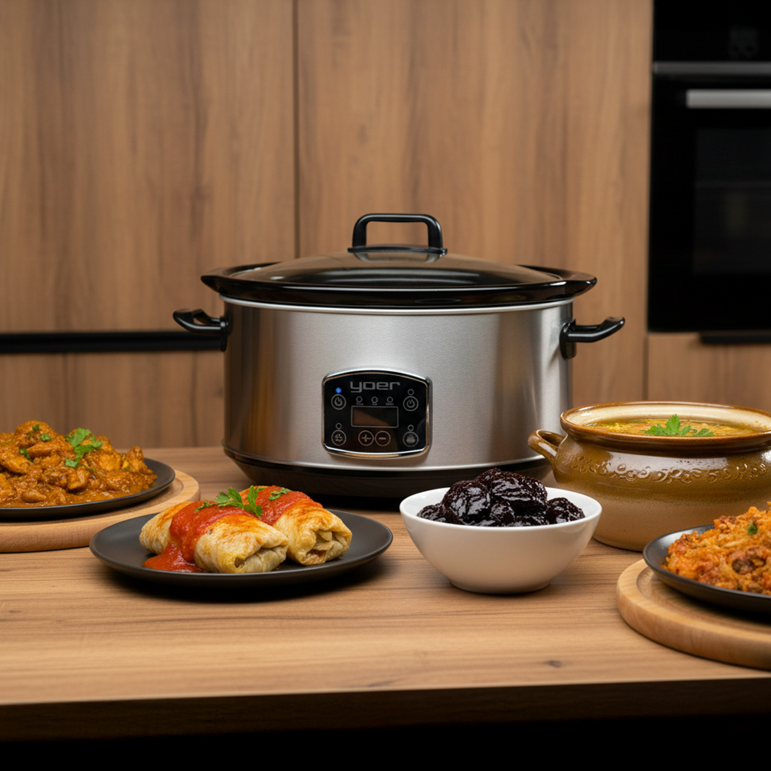 Wolnowar z różnymi potrawami, jak gołąbki, śliwki i gulasz. Drewniane tło i czarny piekarnik.