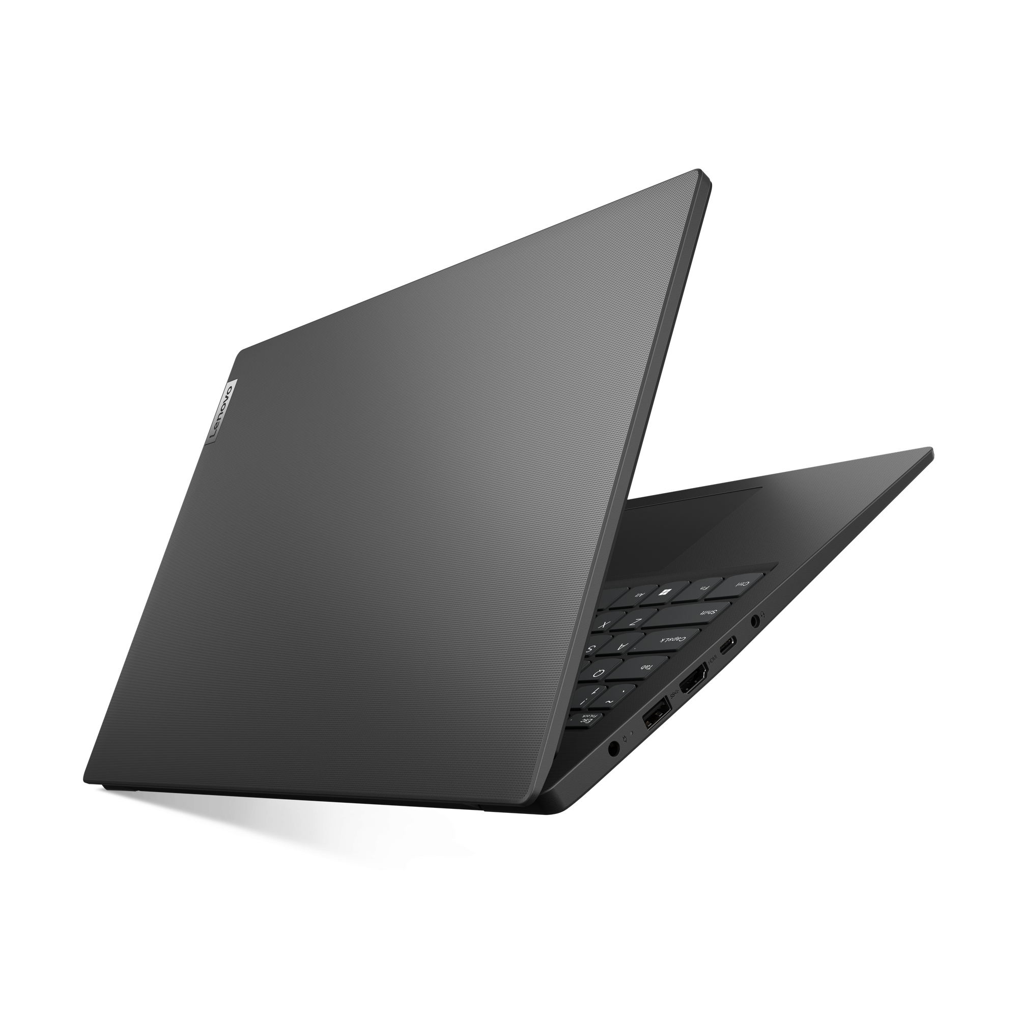 Un laptop Lenovo grigio scuro è aperto su sfondo bianco. Sono visibili tastiera e schermo.
