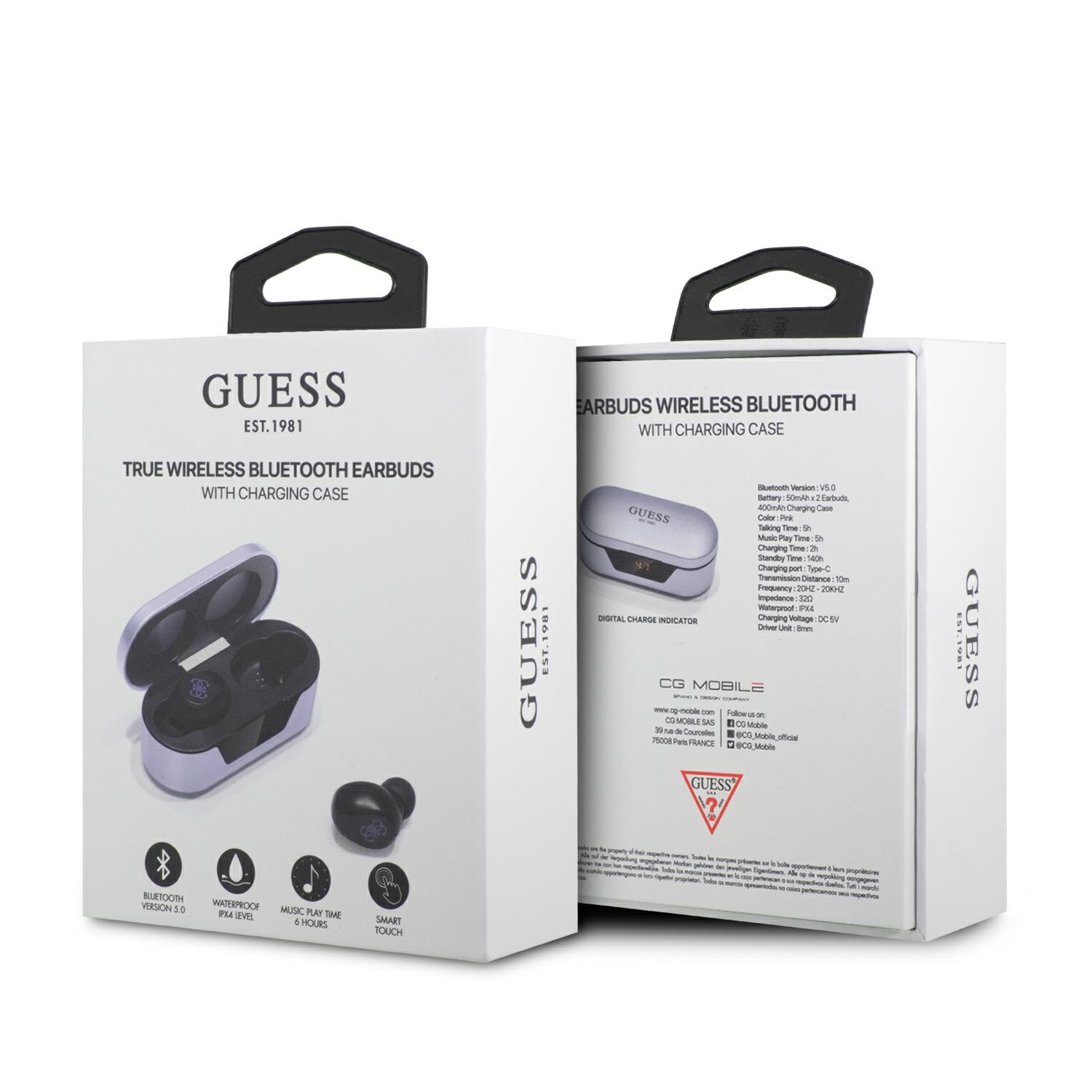 Scatola bianca Guess con auricolari. La scatola mostra auricolari, caratteristiche e specifiche. Il logo Guess è in evidenza.