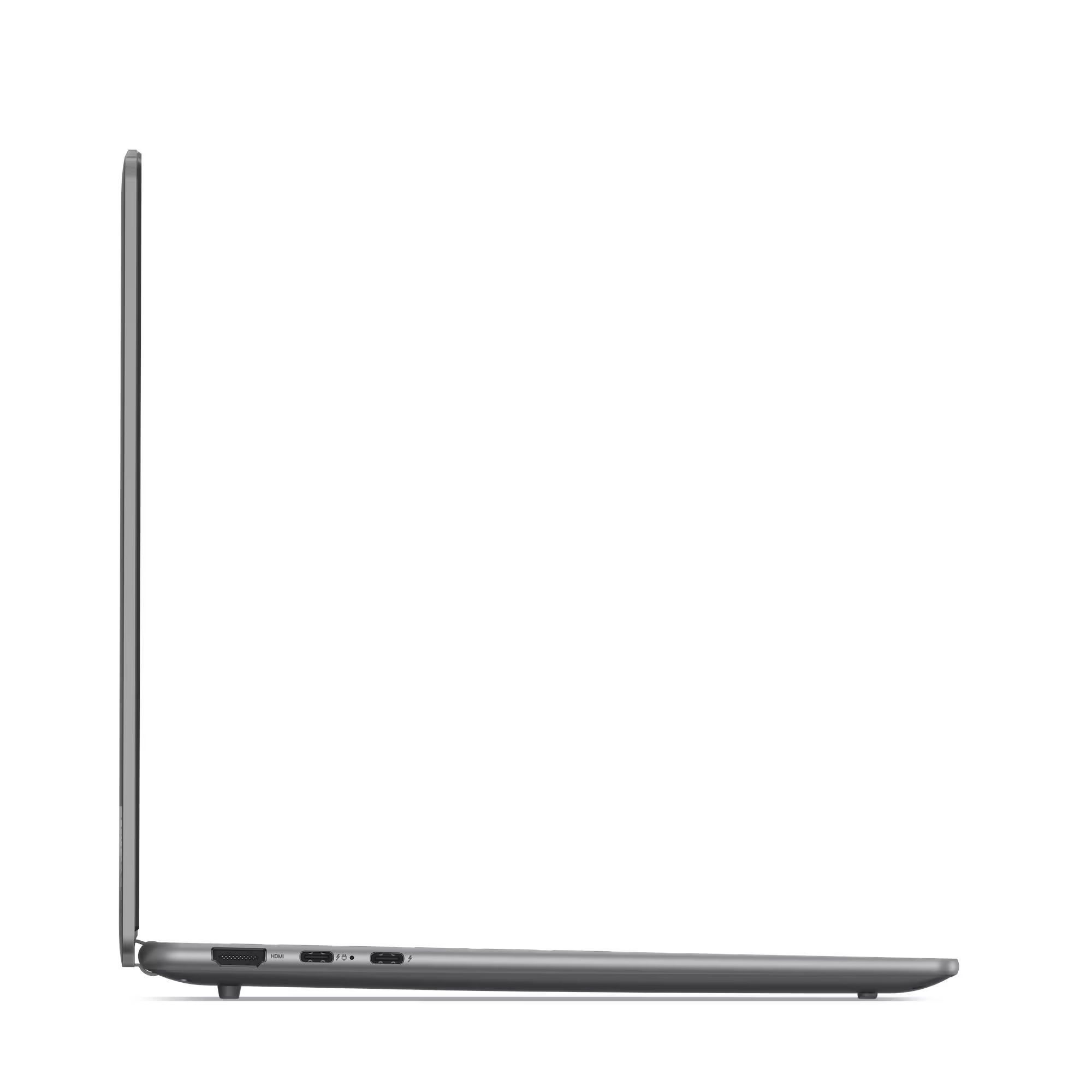 Vista laterale di un laptop grigio. Lo schermo è chiuso, mostrando un profilo sottile. Porte visibili sul lato.